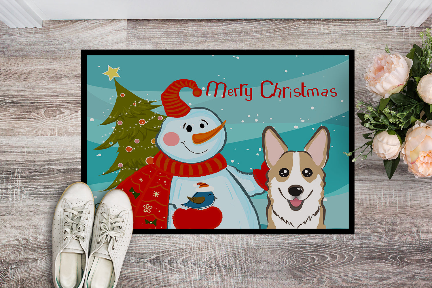 Caroline's Treasures Snowman with Sable Corgi Doormat - 24x36 Decorative Floor Mat – Indoor/Outdoor Rug with Artistic Flair BB1873JMAT