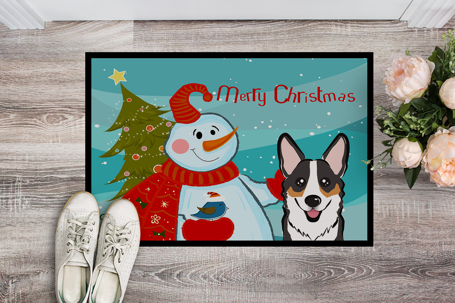 Caroline's Treasures Snowman with Tricolor Corgi Doormat - 24x36 Decorative Floor Mat – Indoor/Outdoor Rug with Artistic Flair BB1875JMAT