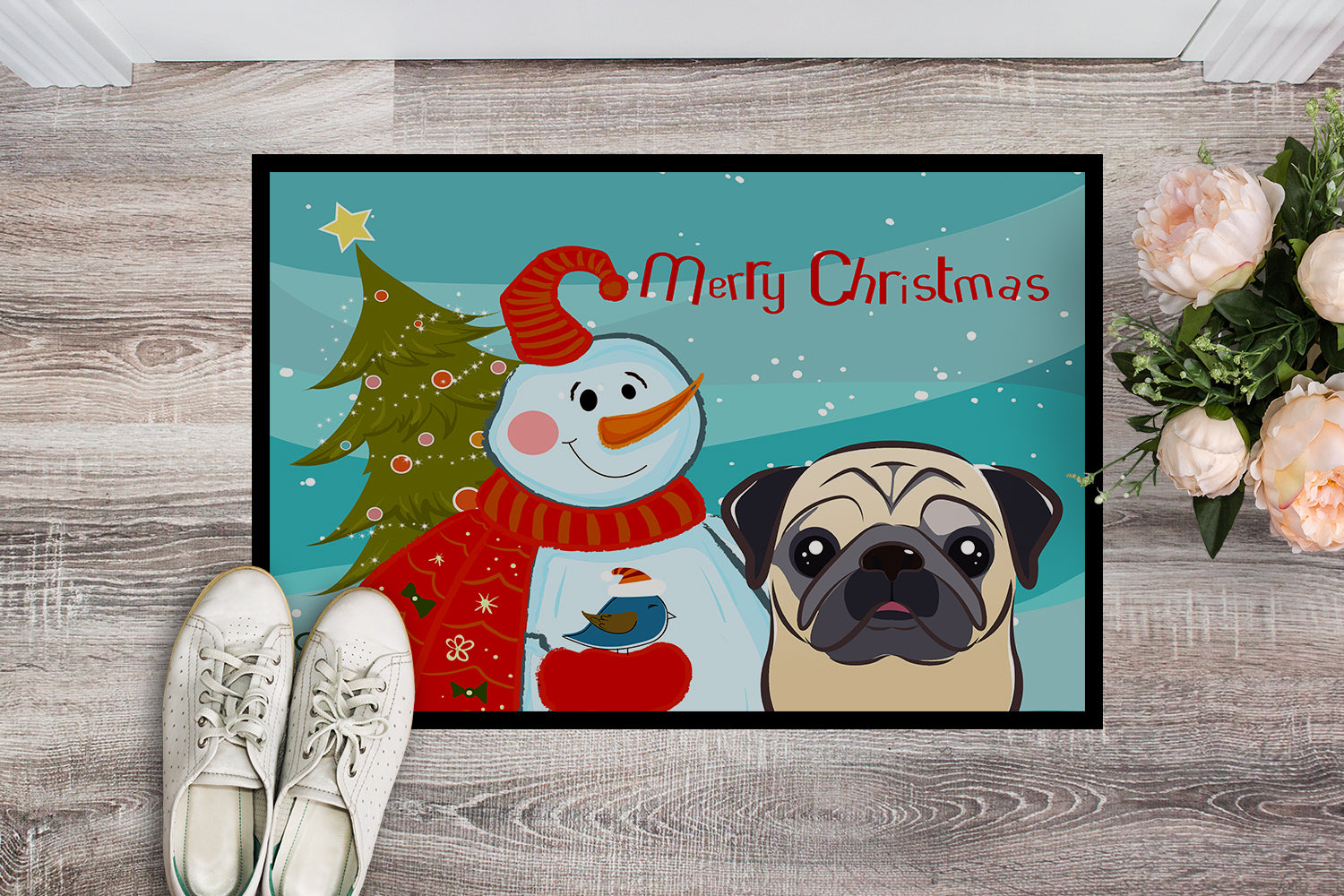 Caroline's Treasures Snowman with Fawn Pug Doormat - 24x36 Decorative Floor Mat – Indoor/Outdoor Rug with Artistic Flair BB1882JMAT