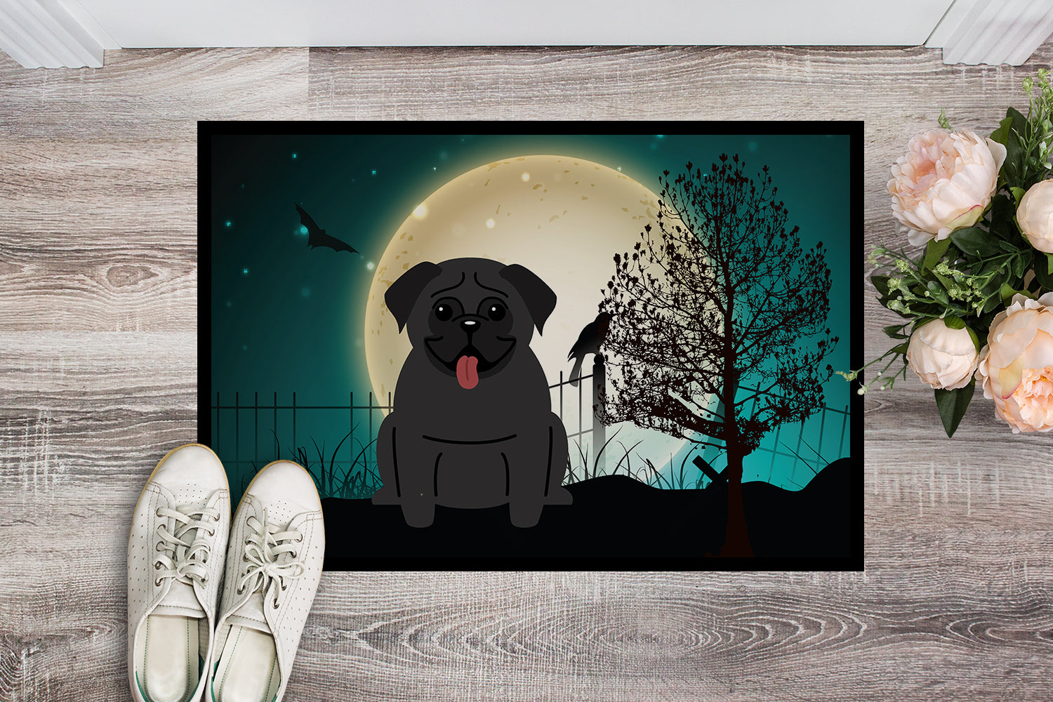 Caroline's Treasures Halloween Scary Pug Black Doormat - 24x36 Decorative Floor Mat – Indoor/Outdoor Rug with Artistic Flair BB2196JMAT
