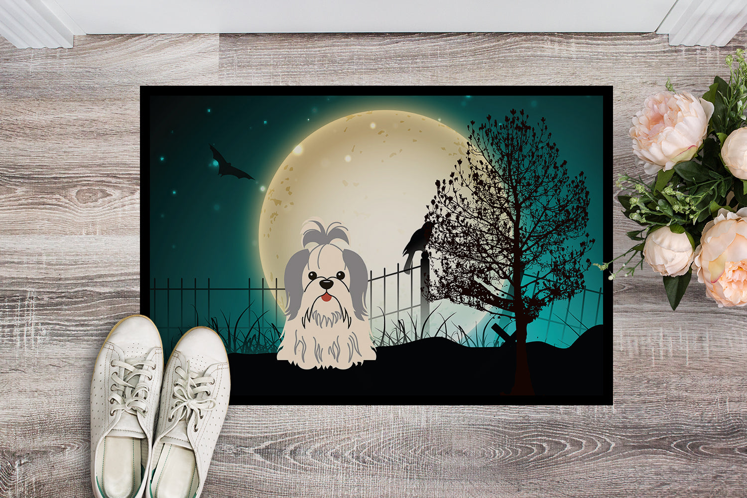 Caroline's Treasures Halloween Scary Shih Tzu Silver White Doormat - 24x36 Decorative Floor Mat – Indoor/Outdoor Rug with Artistic Flair BB2275JMAT