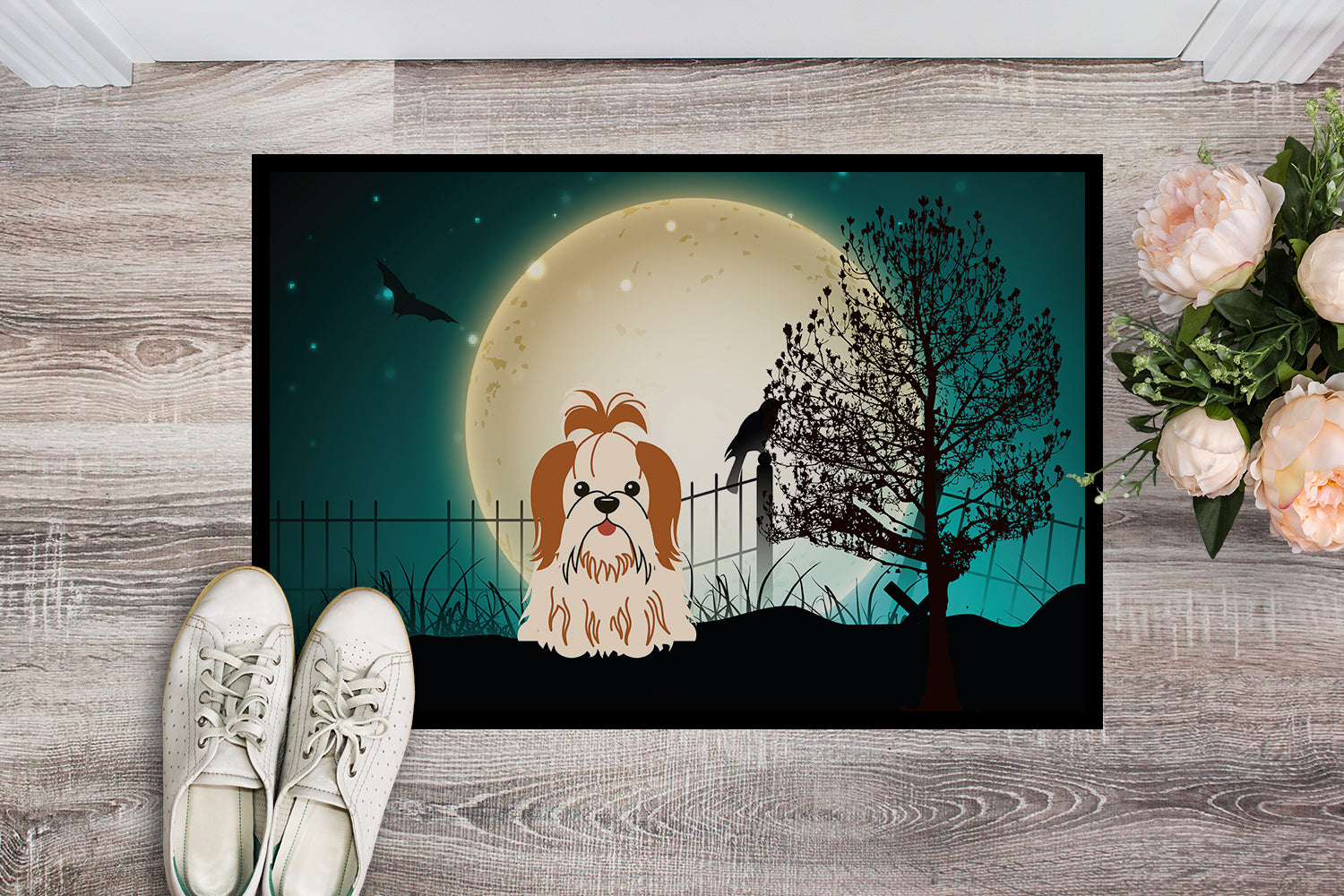 Caroline's Treasures Halloween Scary Shih Tzu Red White Doormat - 24x36 Decorative Floor Mat – Indoor/Outdoor Rug with Artistic Flair BB2277JMAT