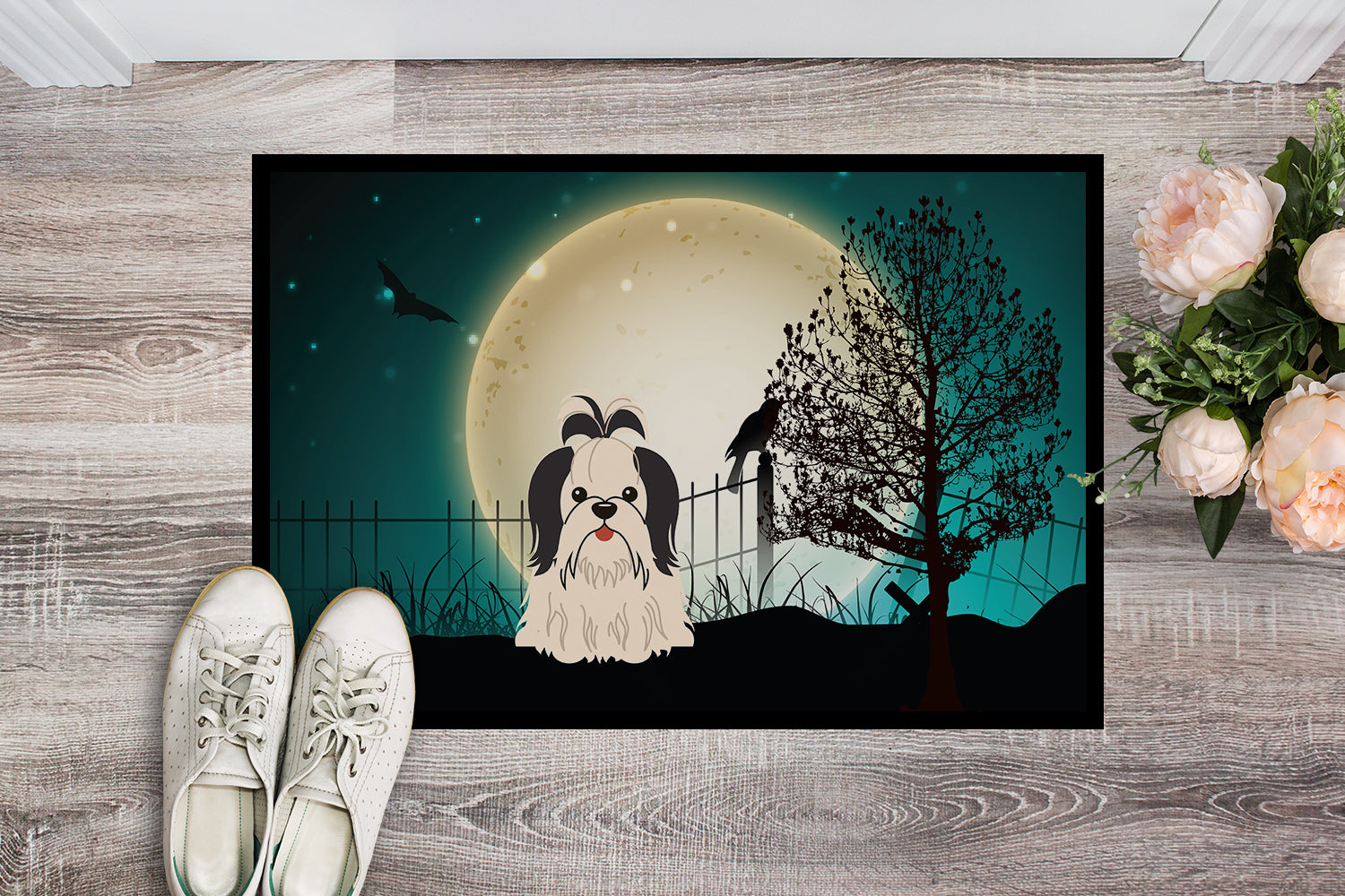 Caroline's Treasures Halloween Scary Shih Tzu Black White Doormat - 24x36 Decorative Floor Mat – Indoor/Outdoor Rug with Artistic Flair BB2278JMAT