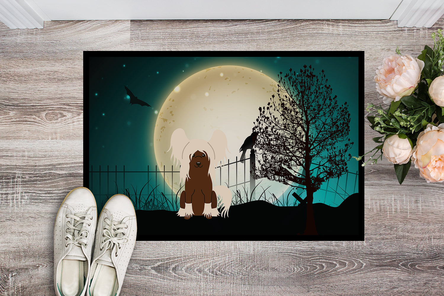 Caroline's Treasures Halloween Scary Chinese Crested Cream Doormat - 24x36 Decorative Floor Mat – Indoor/Outdoor Rug with Artistic Flair BB2303JMAT