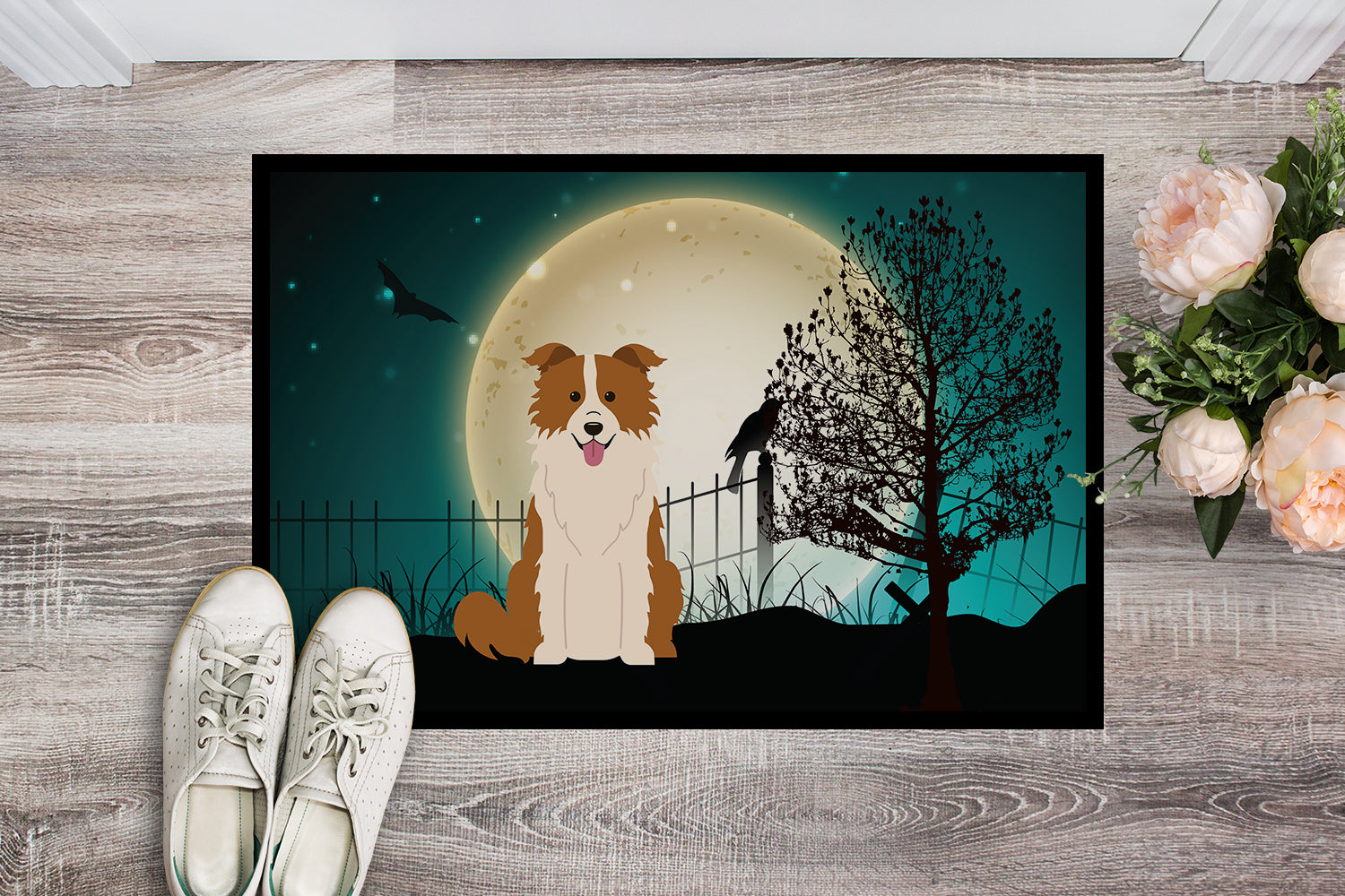 Caroline's Treasures Halloween Scary Border Collie Red White Doormat - 24x36 Decorative Floor Mat – Indoor/Outdoor Rug with Artistic Flair BB2309JMAT