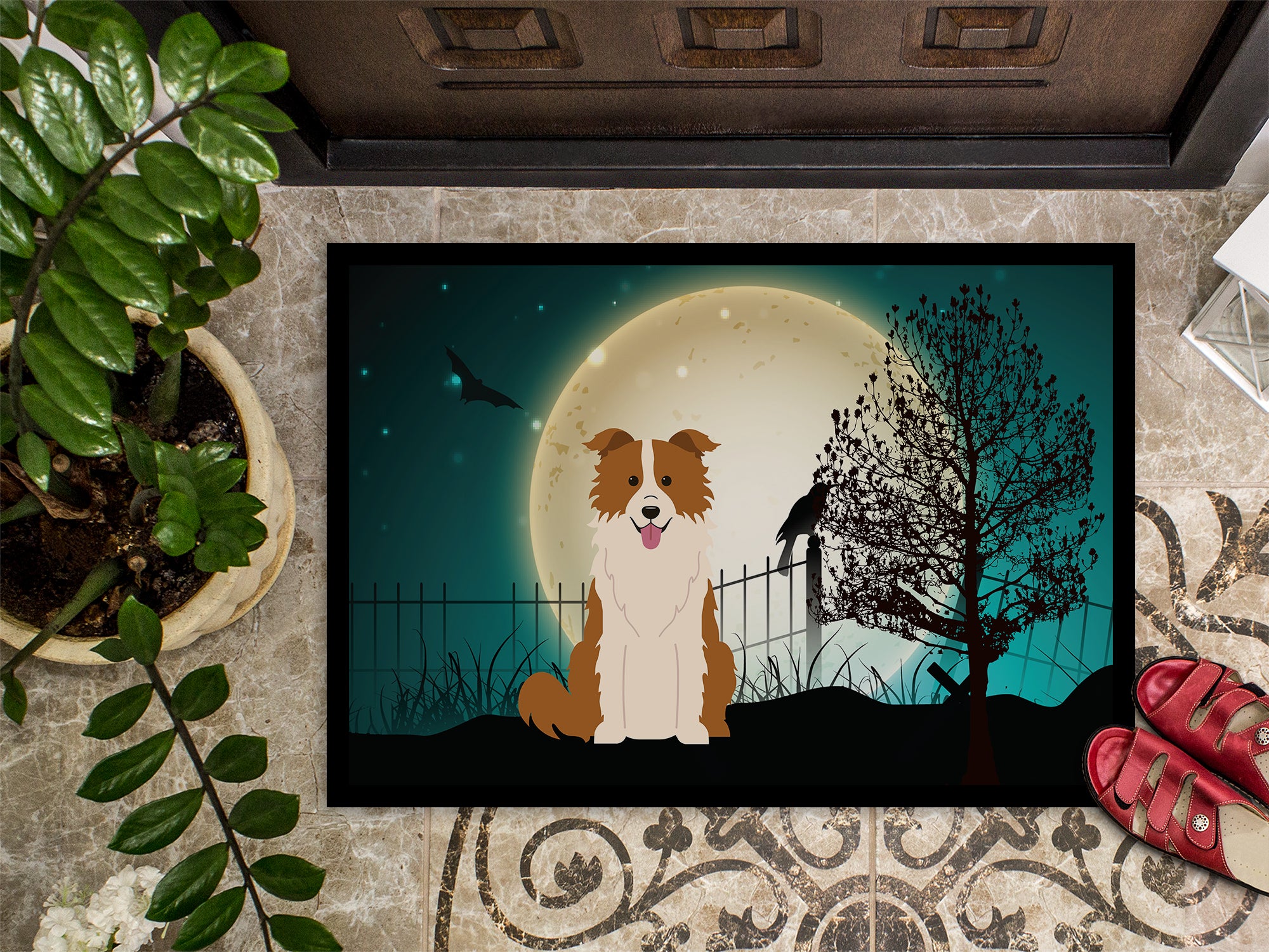 Caroline's Treasures Halloween Scary Border Collie Red White Doormat - 24x36 Decorative Floor Mat – Indoor/Outdoor Rug with Artistic Flair BB2309JMAT