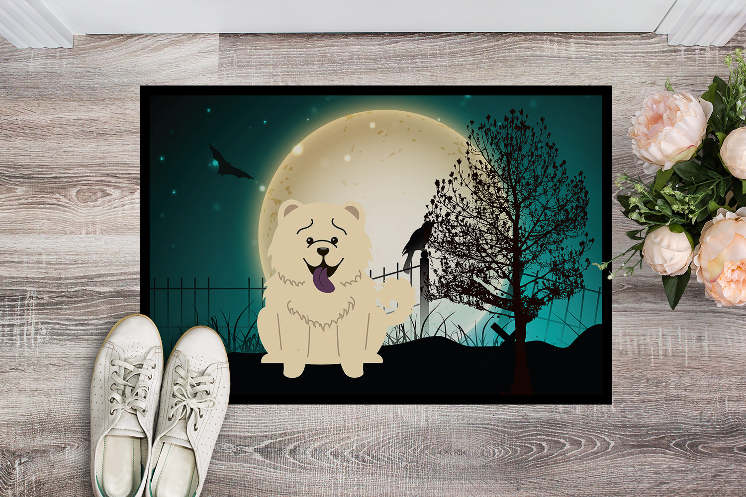 Caroline's Treasures Halloween Scary Chow Chow White Doormat - 24x36 Decorative Floor Mat – Indoor/Outdoor Rug with Artistic Flair BB2330JMAT