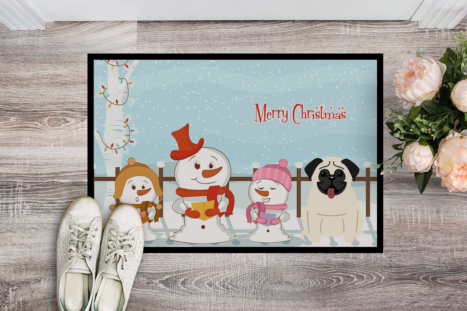 Caroline's Treasures Merry Christmas Carolers Pug Cream Doormat - 24x36 Decorative Floor Mat – Indoor/Outdoor Rug with Artistic Flair BB2335JMAT