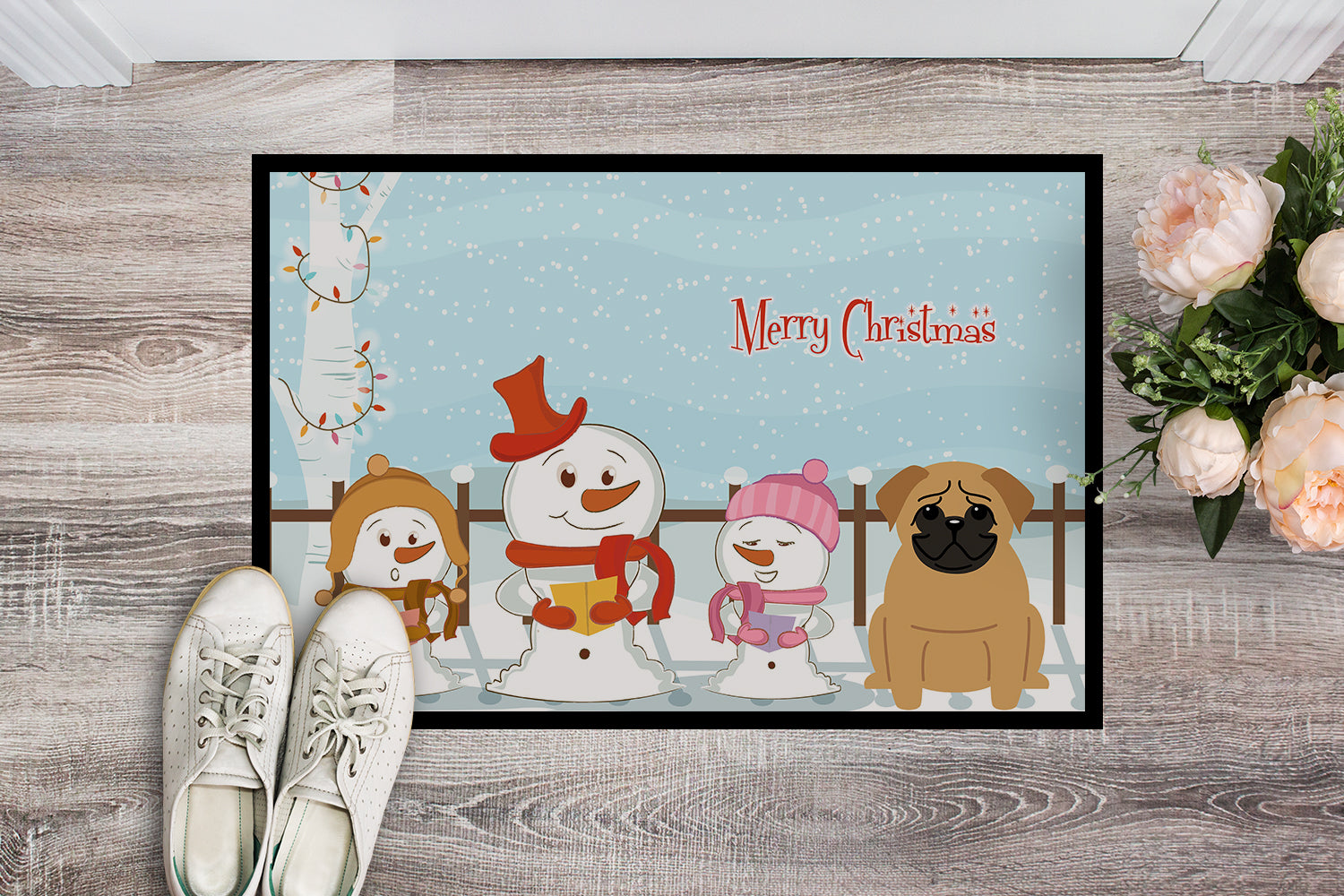 Caroline's Treasures Merry Christmas Carolers Pug Brown Doormat - 24x36 Decorative Floor Mat – Indoor/Outdoor Rug with Artistic Flair BB2338JMAT
