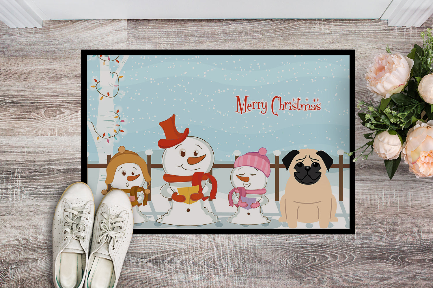 Caroline's Treasures Merry Christmas Carolers Pug Fawn Doormat - 24x36 Decorative Floor Mat – Indoor/Outdoor Rug with Artistic Flair BB2339JMAT