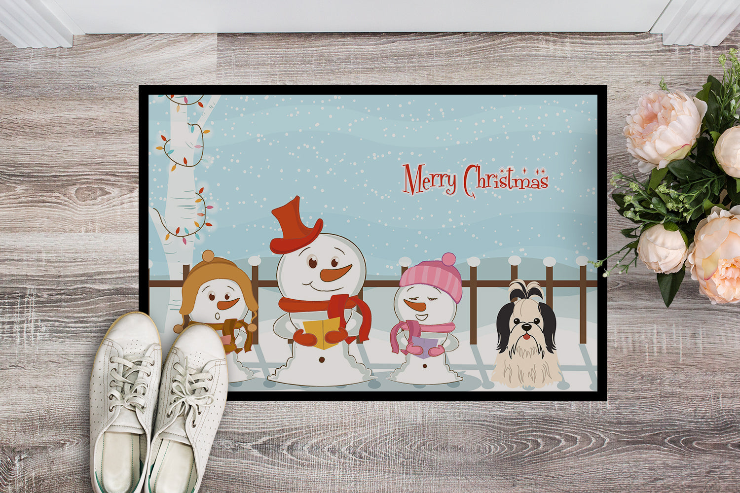 Caroline's Treasures Merry Christmas Carolers Shih Tzu Black White Doormat - 24x36 Decorative Floor Mat – Indoor/Outdoor Rug with Artistic Flair BB2419JMAT