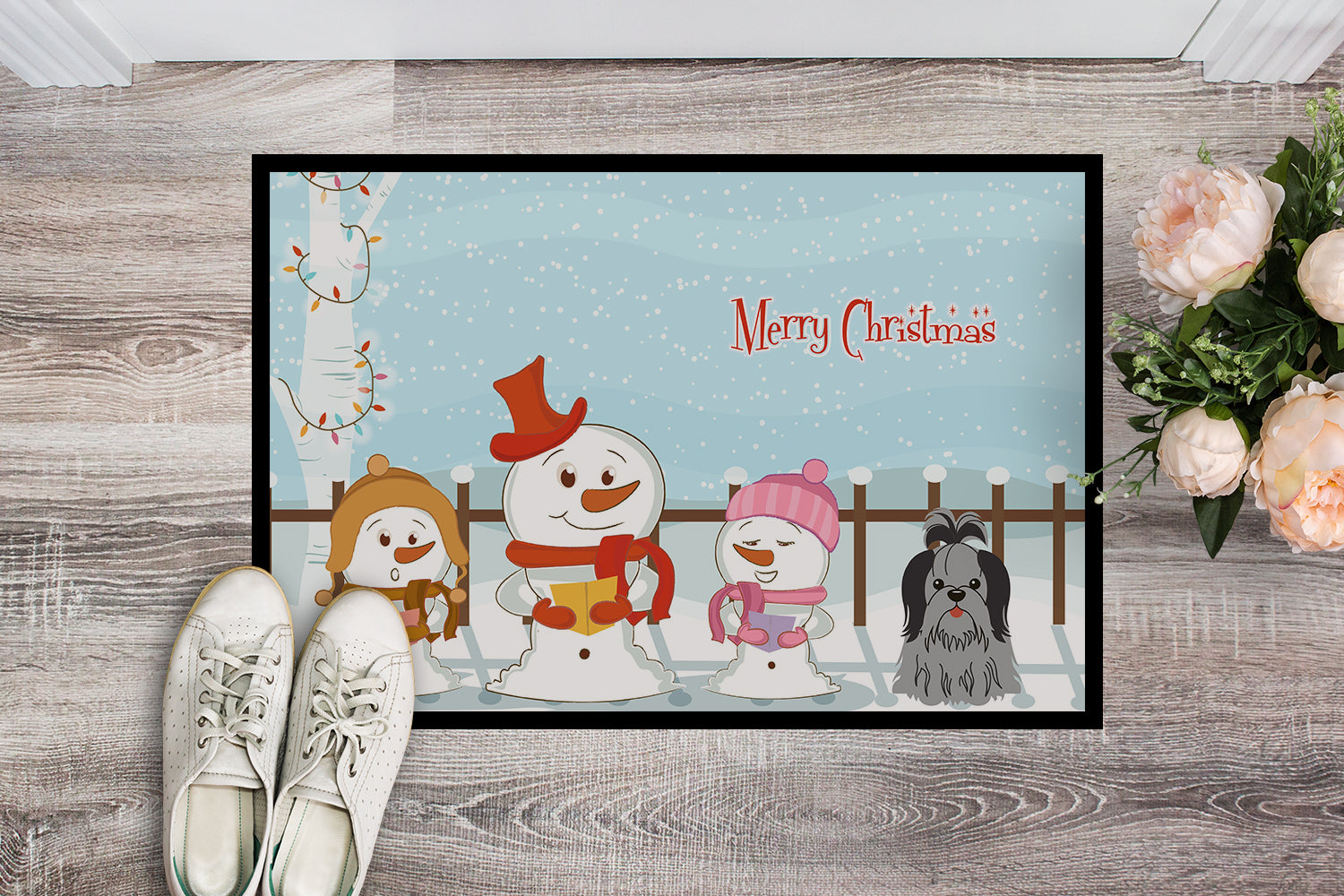 Caroline's Treasures Merry Christmas Carolers Shih Tzu Black Silver Doormat - 24x36 Decorative Floor Mat – Indoor/Outdoor Rug with Artistic Flair BB2420JMAT