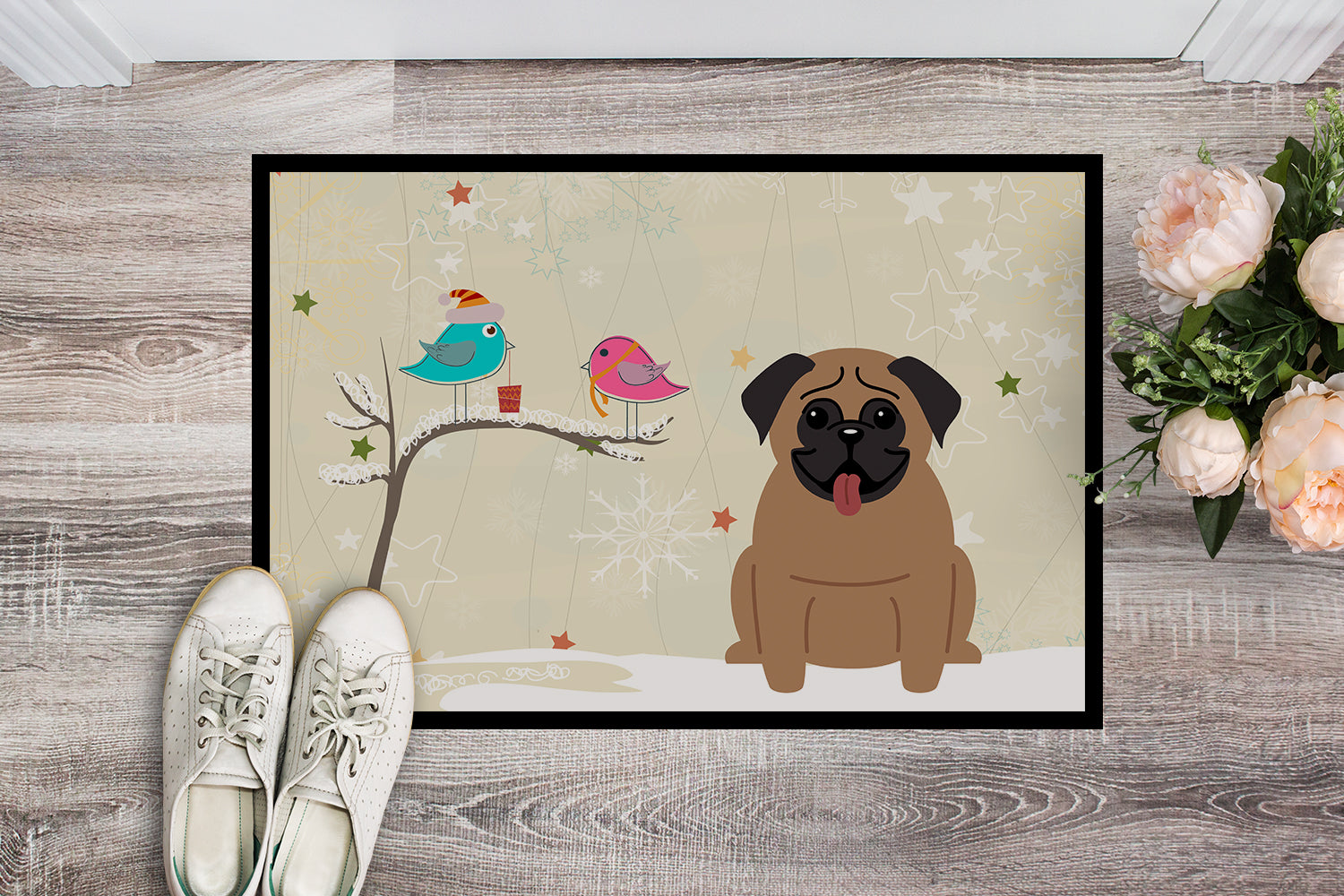 Caroline's Treasures Christmas Presents between Friends Pug Brown Doormat - 24x36 Decorative Floor Mat – Indoor/Outdoor Rug with Artistic Flair BB2477JMAT
