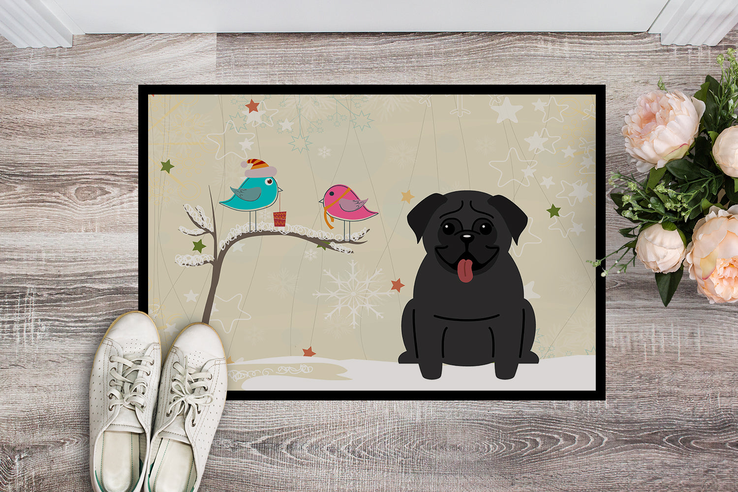 Caroline's Treasures Christmas Presents between Friends Pug Black Doormat - 24x36 Decorative Floor Mat – Indoor/Outdoor Rug with Artistic Flair BB2478JMAT