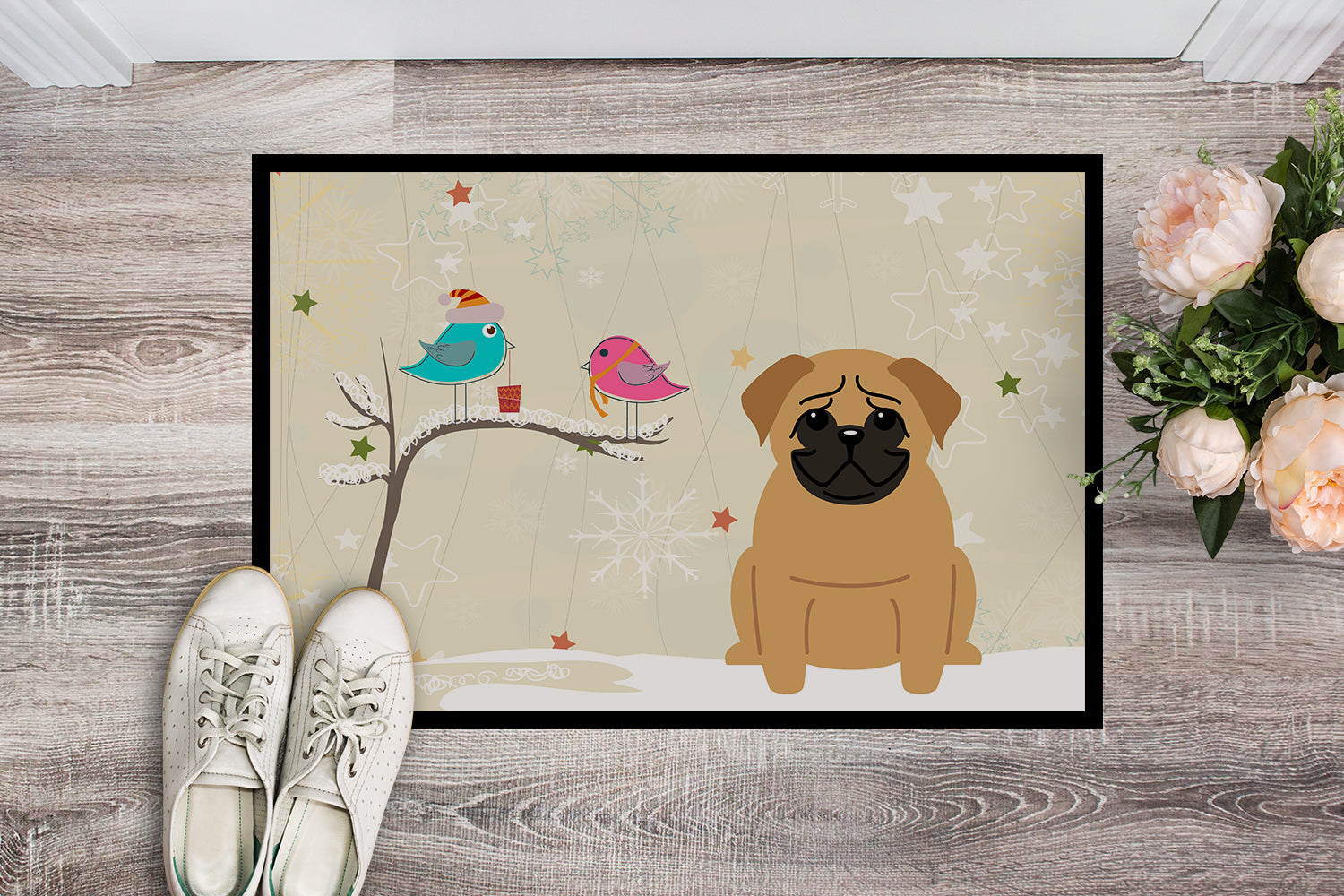 Caroline's Treasures Christmas Presents between Friends Pug Brown Doormat - 24x36 Decorative Floor Mat – Indoor/Outdoor Rug with Artistic Flair BB2479JMAT