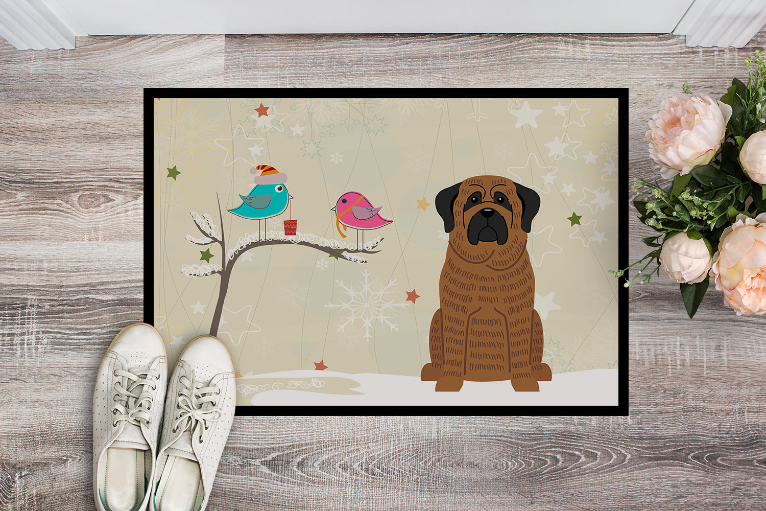 Caroline's Treasures Christmas Presents between Friends Mastiff Brindle Doormat - 24x36 Decorative Floor Mat – Indoor/Outdoor Rug with Artistic Flair BB2487JMAT
