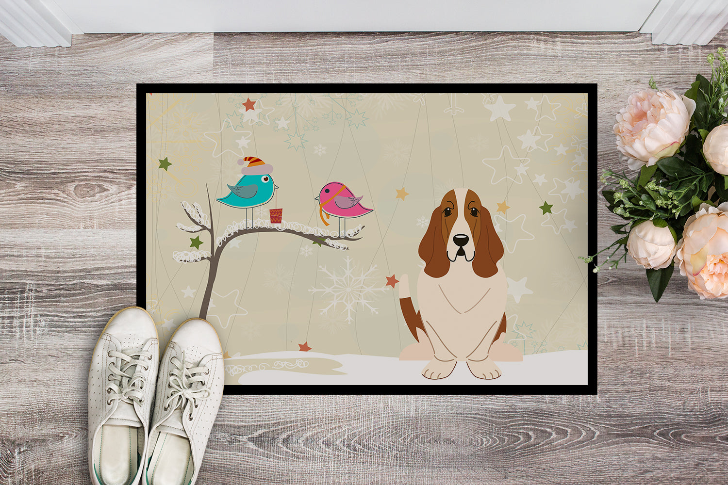 Caroline's Treasures Christmas Presents between Friends Basset Hound Doormat - 24x36 Decorative Floor Mat – Indoor/Outdoor Rug with Artistic Flair BB2493JMAT