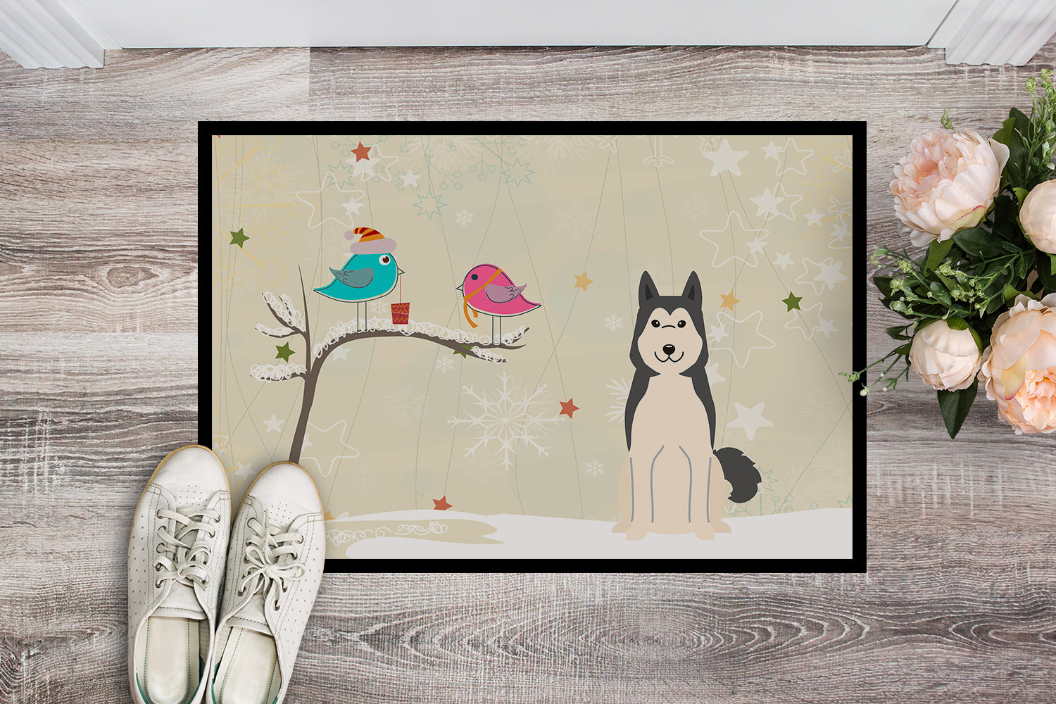 Caroline's Treasures Christmas Presents between Friends West Siberian Laika Spitz Doormat - 24x36 Decorative Floor Mat – Indoor/Outdoor Rug with Artistic Flair BB2497JMAT