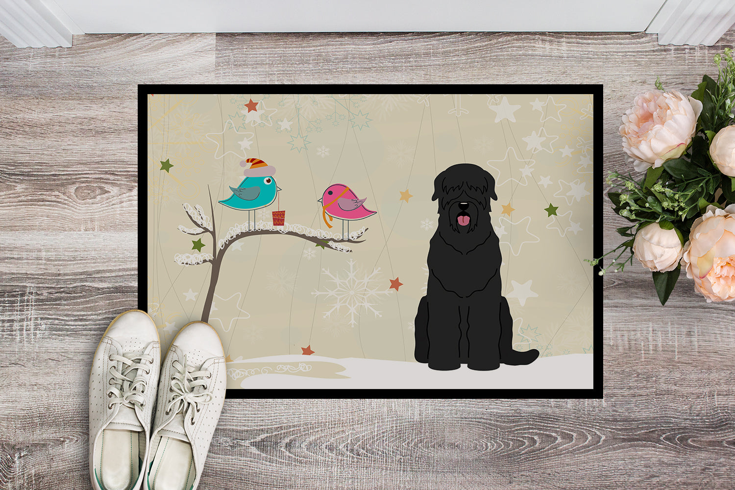 Caroline's Treasures Christmas Presents between Friends Black Russian Terrier Doormat - 24x36 Decorative Floor Mat – Indoor/Outdoor Rug with Artistic Flair BB2498JMAT