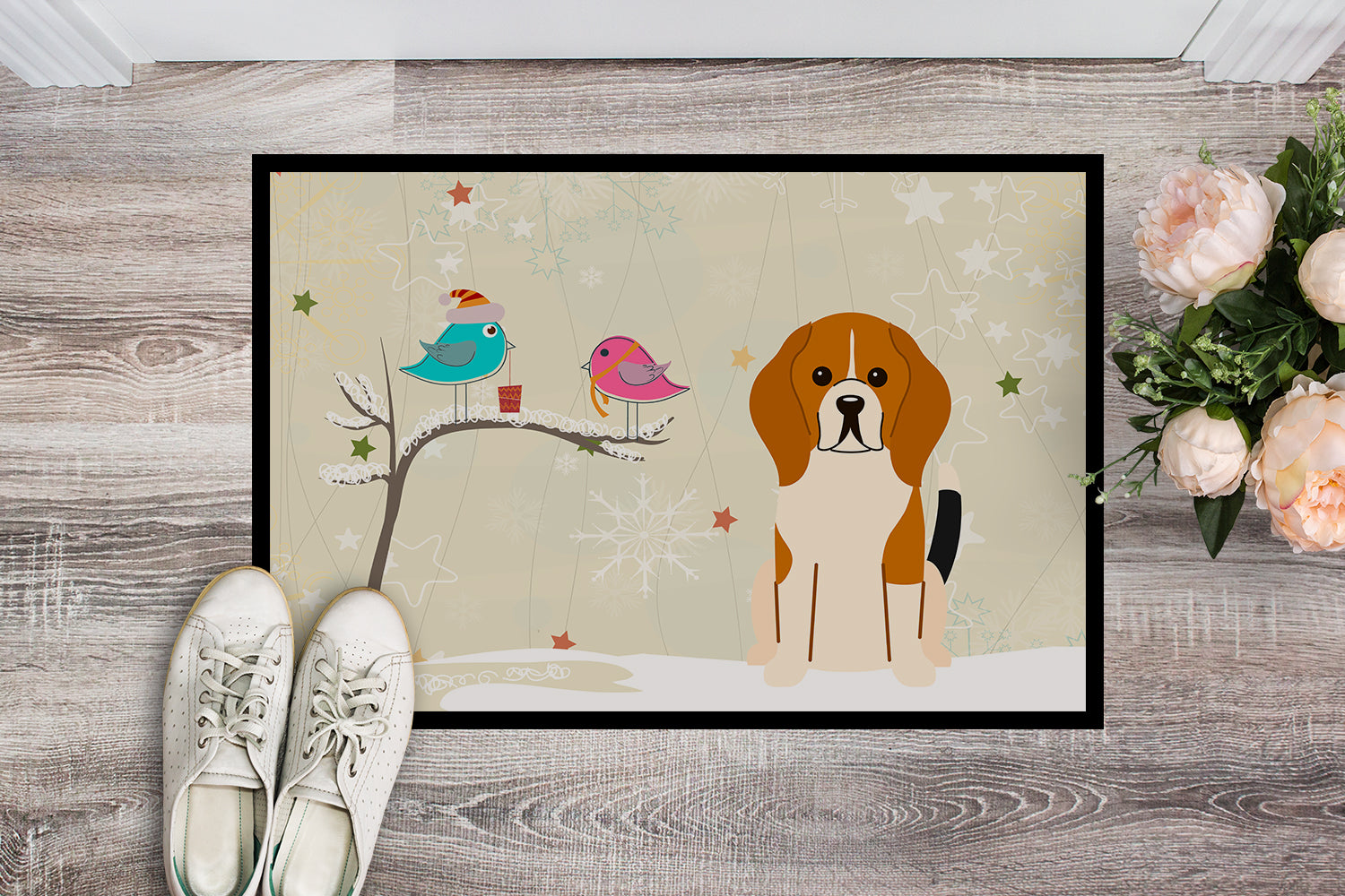 Caroline's Treasures Christmas Presents between Friends Beagle Tricolor Doormat - 24x36 Decorative Floor Mat – Indoor/Outdoor Rug with Artistic Flair BB2512JMAT