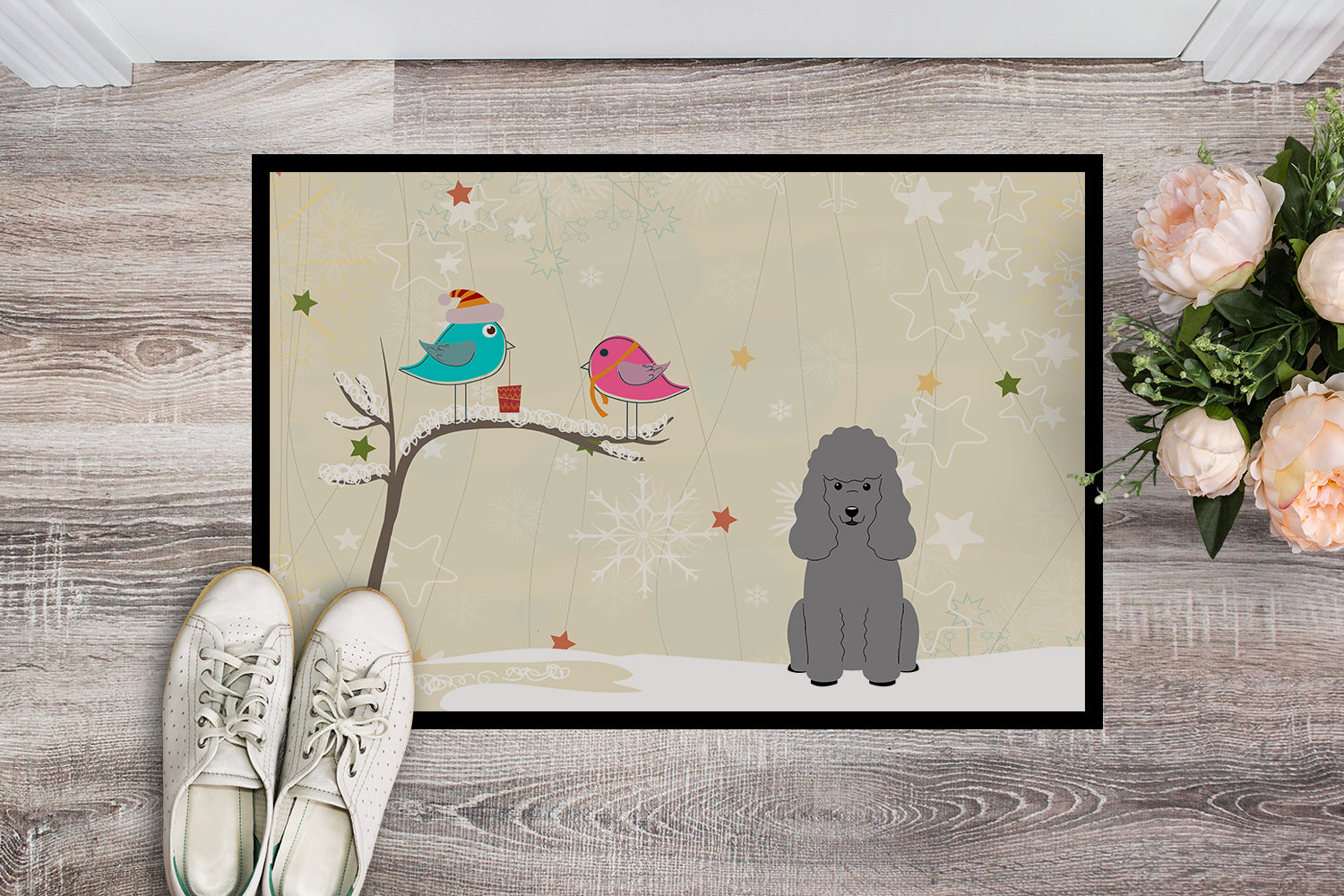 Caroline's Treasures Christmas Presents between Friends Poodle Silver Doormat - 24x36 Decorative Floor Mat – Indoor/Outdoor Rug with Artistic Flair BB2540JMAT