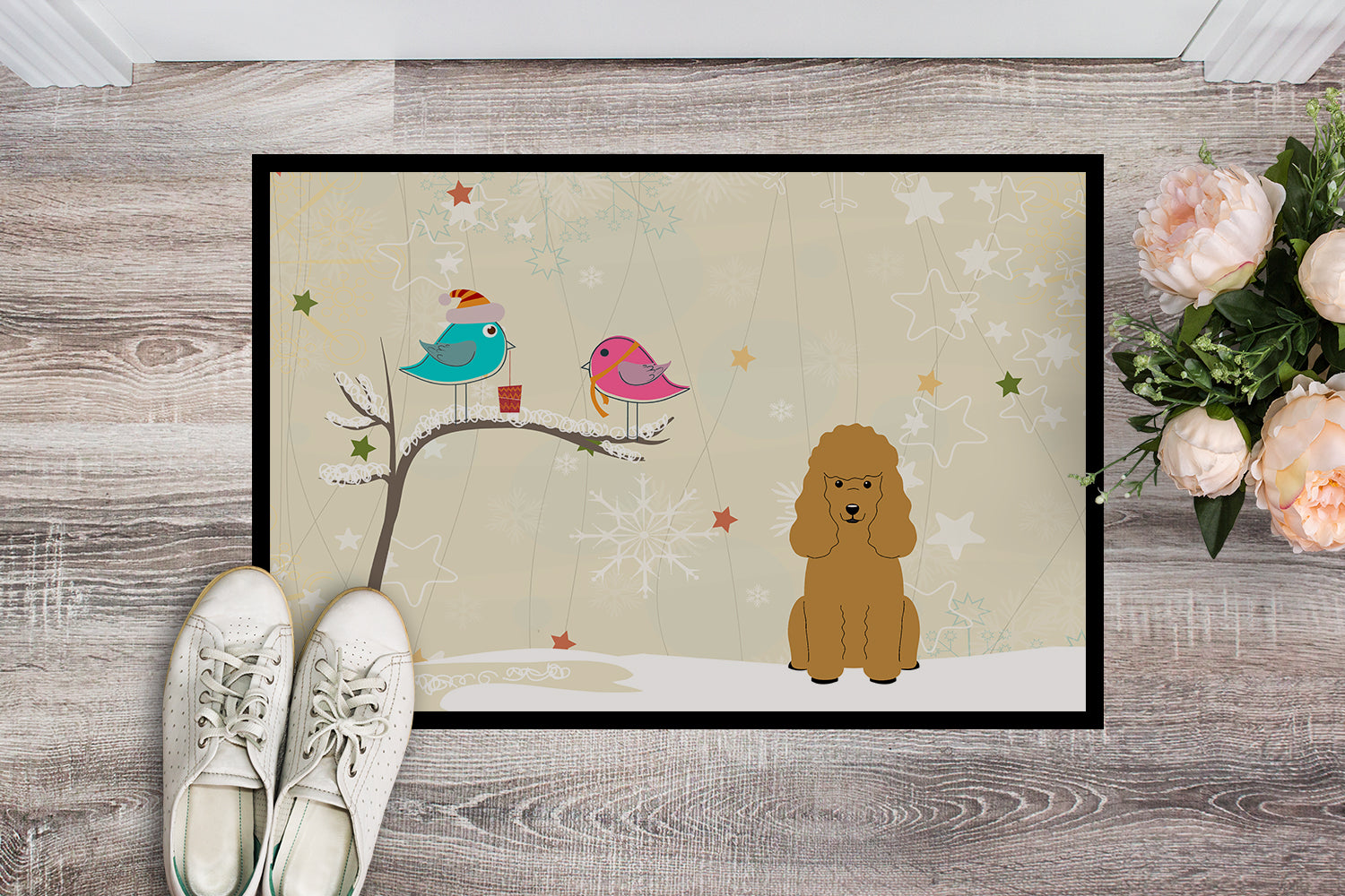 Caroline's Treasures Christmas Presents between Friends Poodle Tan Doormat - 24x36 Decorative Floor Mat – Indoor/Outdoor Rug with Artistic Flair BB2541JMAT