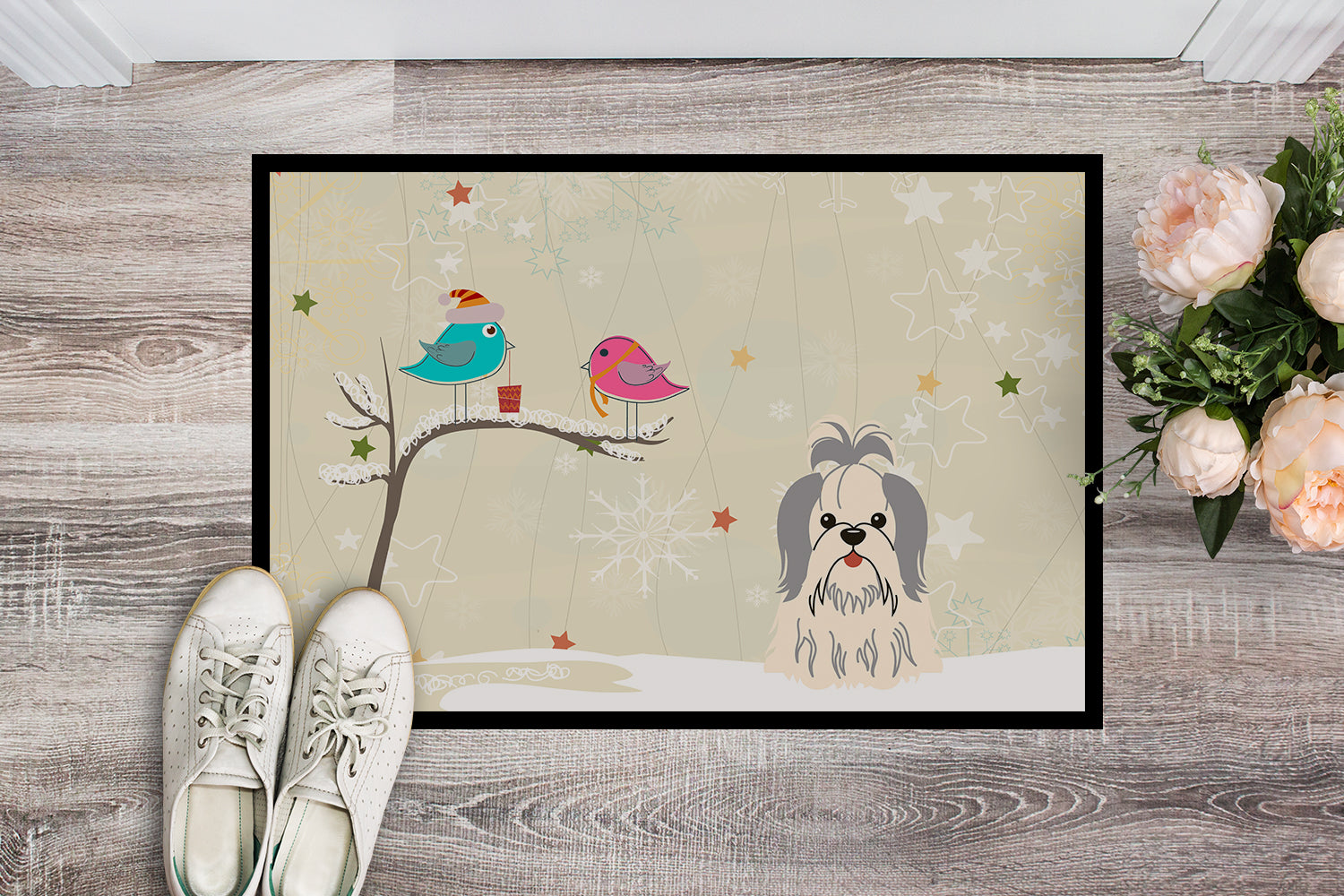 Caroline's Treasures Christmas Presents between Friends Shih Tzu Silver White Doormat - 24x36 Decorative Floor Mat – Indoor/Outdoor Rug with Artistic Flair BB2557JMAT