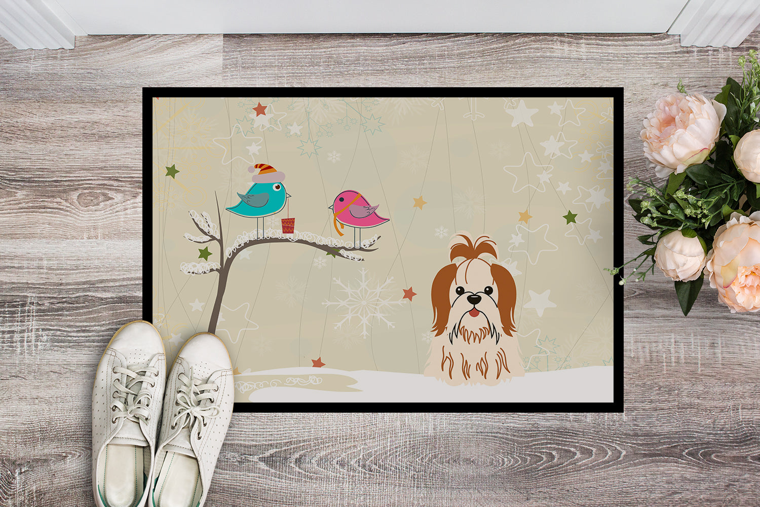 Caroline's Treasures Christmas Presents between Friends Shih Tzu Red White Doormat - 24x36 Decorative Floor Mat – Indoor/Outdoor Rug with Artistic Flair BB2559JMAT