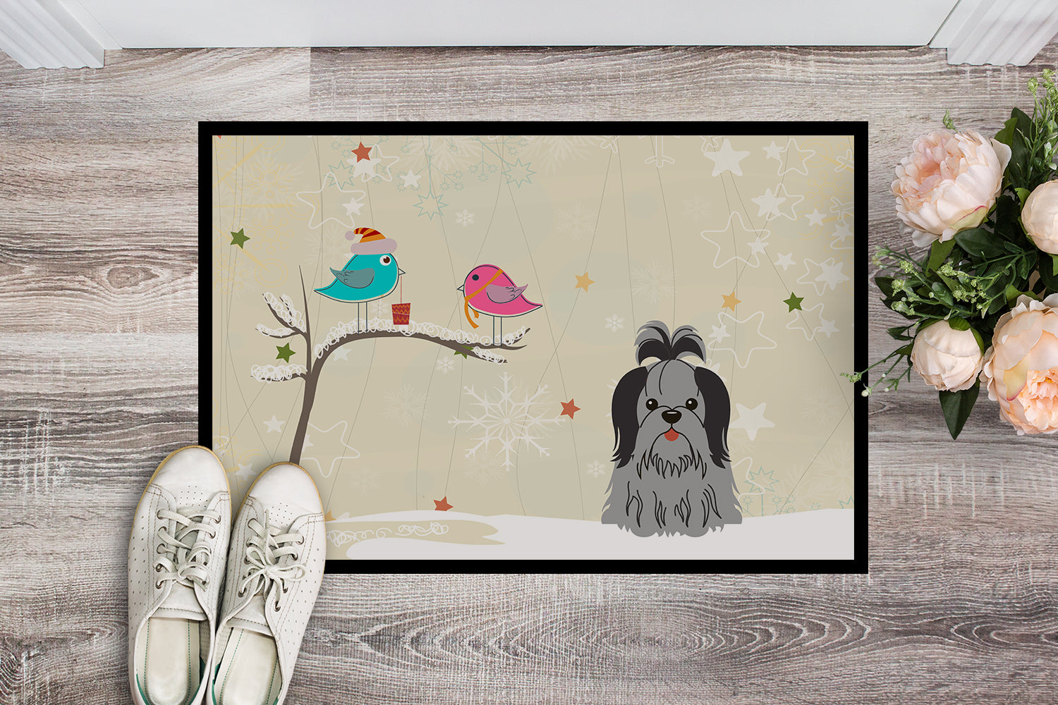 Caroline's Treasures Christmas Presents between Friends Shih Tzu Black Silver Doormat - 24x36 Decorative Floor Mat – Indoor/Outdoor Rug with Artistic Flair BB2561JMAT