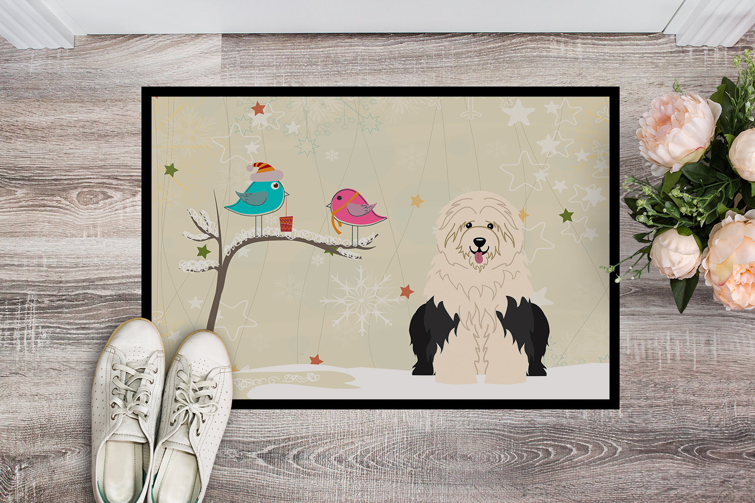 Caroline's Treasures Christmas Presents between Friends Old English Sheepdog Doormat - 24x36 Decorative Floor Mat – Indoor/Outdoor Rug with Artistic Flair BB2568JMAT