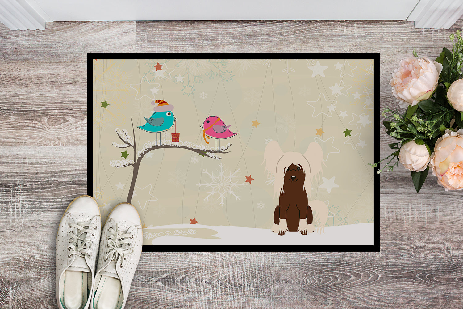 Caroline's Treasures Christmas Presents between Friends Chinese Crested Cream Doormat - 24x36 Decorative Floor Mat – Indoor/Outdoor Rug with Artistic Flair BB2585JMAT