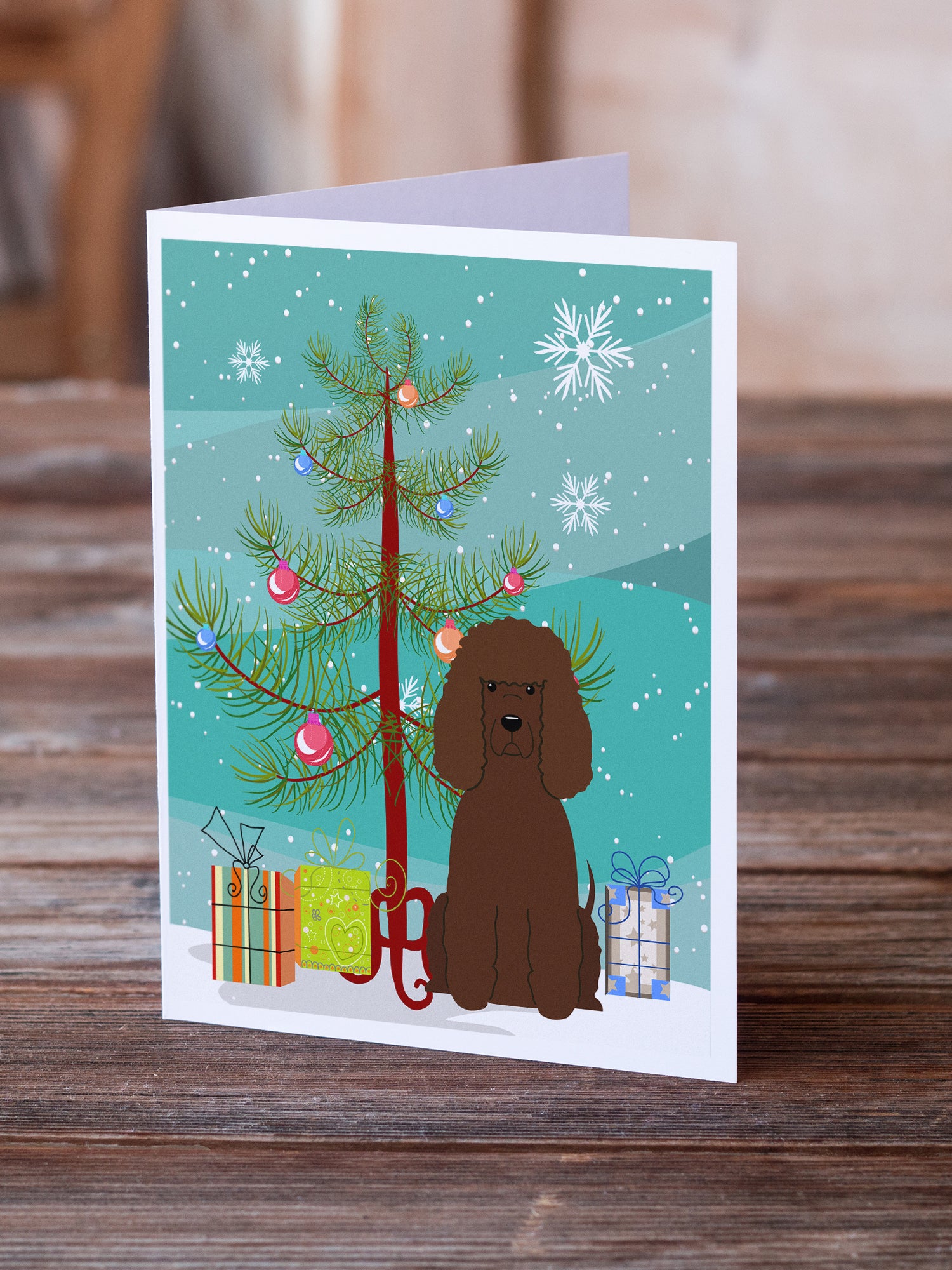 Caroline's Treasures Merry Christmas Tree Irish Water Spaniel Greeting Cards Pack of 8