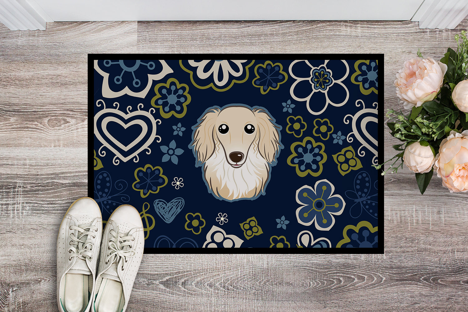Caroline's Treasures Blue Flowers Longhair Creme Dachshund Doormat - 24x36 Decorative Floor Mat – Indoor/Outdoor Rug with Artistic Flair BB5063JMAT