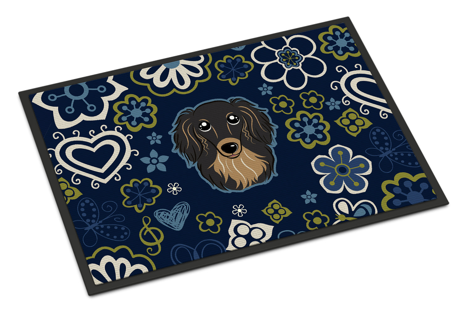 Caroline's Treasures Blue Flowers Longhair Black and Tan Dachshund Doormat - 24x36 Decorative Floor Mat – Indoor/Outdoor Rug with Artistic Flair BB5064JMAT