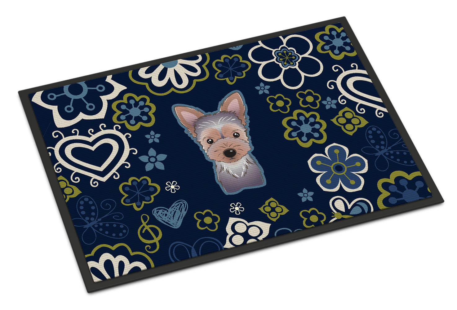 Caroline's Treasures Blue Flowers Yorkie Puppy Doormat - 24x36 Decorative Floor Mat – Indoor/Outdoor Rug with Artistic Flair BB5083JMAT