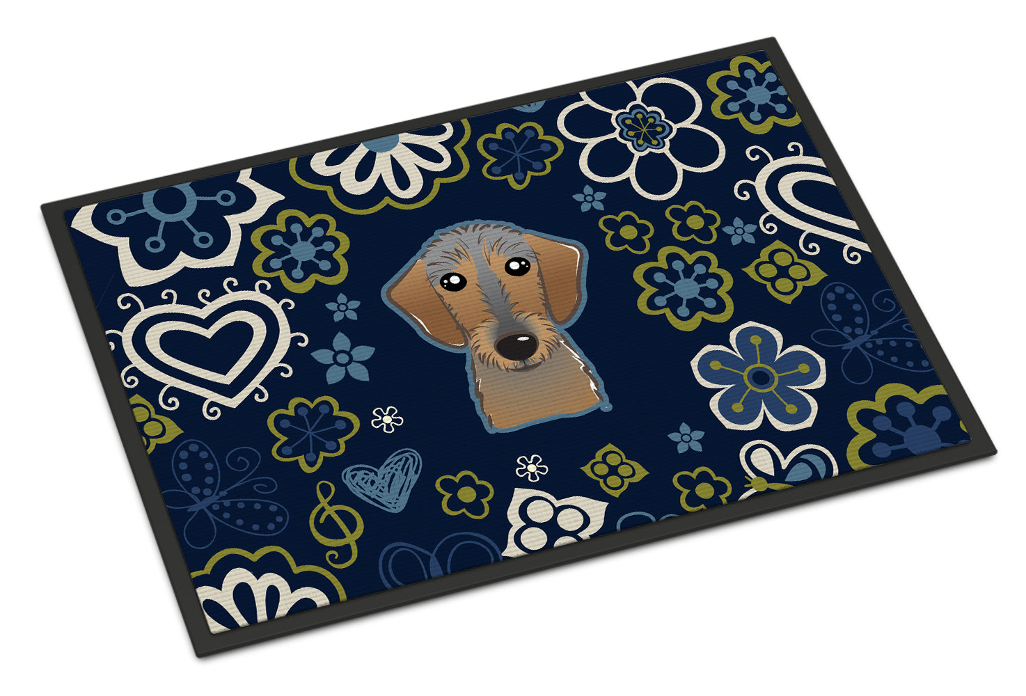 Caroline's Treasures Blue Flowers Wirehaired Dachshund Doormat - 24x36 Decorative Floor Mat – Indoor/Outdoor Rug with Artistic Flair BB5084JMAT