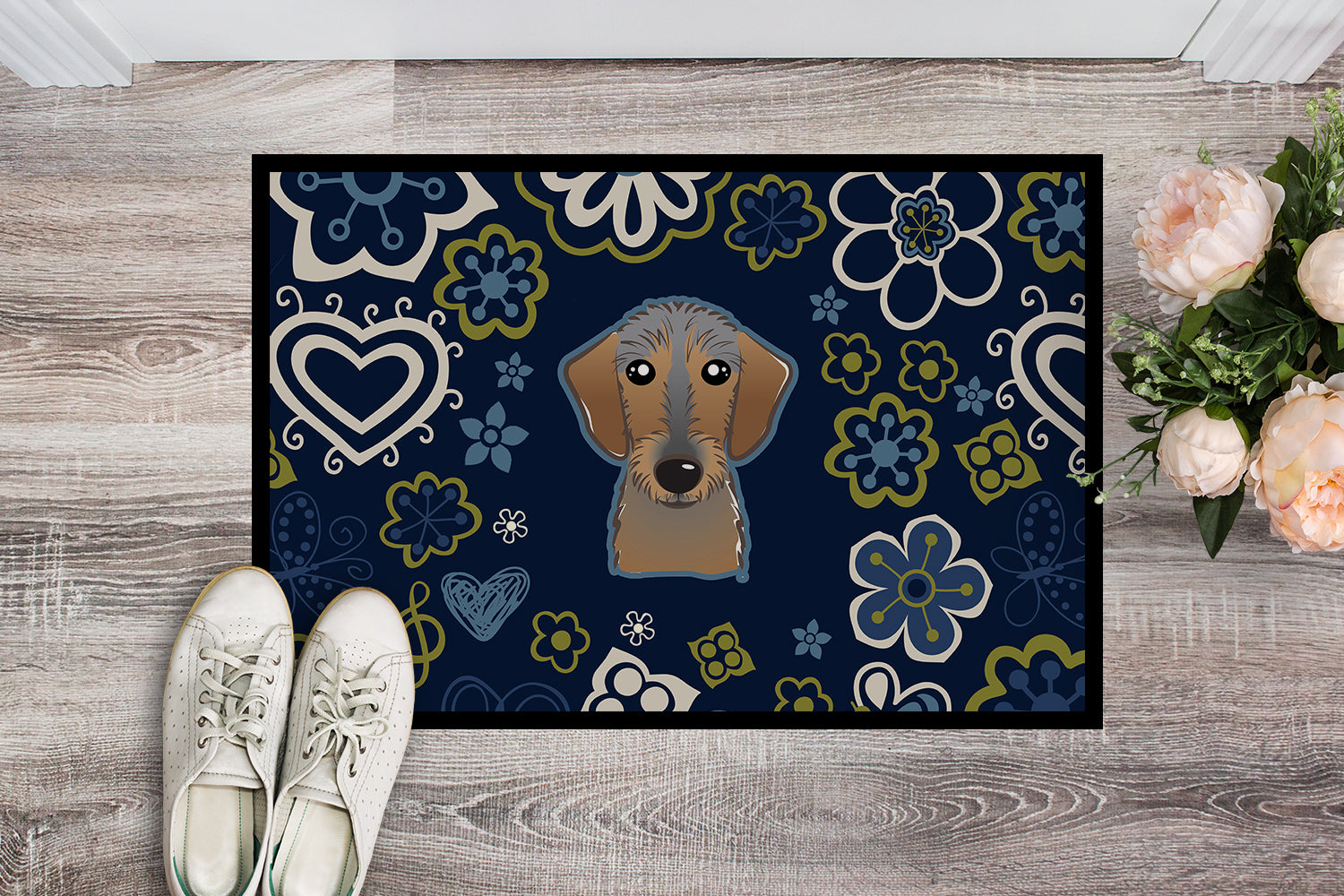 Caroline's Treasures Blue Flowers Wirehaired Dachshund Doormat - 24x36 Decorative Floor Mat – Indoor/Outdoor Rug with Artistic Flair BB5084JMAT