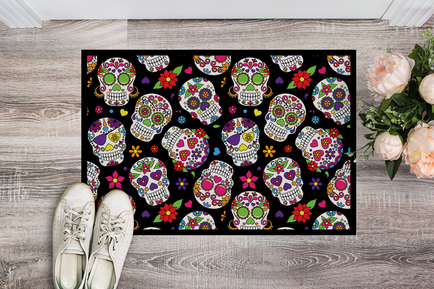 Caroline's Treasures Day of the Dead Black Doormat - 24x36 Decorative Floor Mat – Indoor/Outdoor Rug with Artistic Flair BB5116JMAT