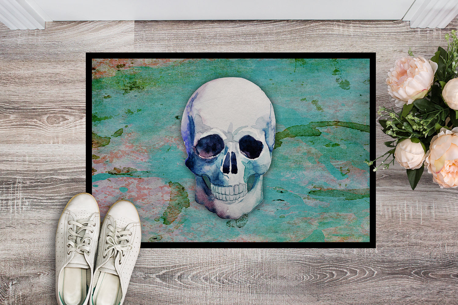 Caroline's Treasures Day of the Dead Teal Skull Doormat - 24x36 Decorative Floor Mat – Indoor/Outdoor Rug with Artistic Flair BB5123JMAT