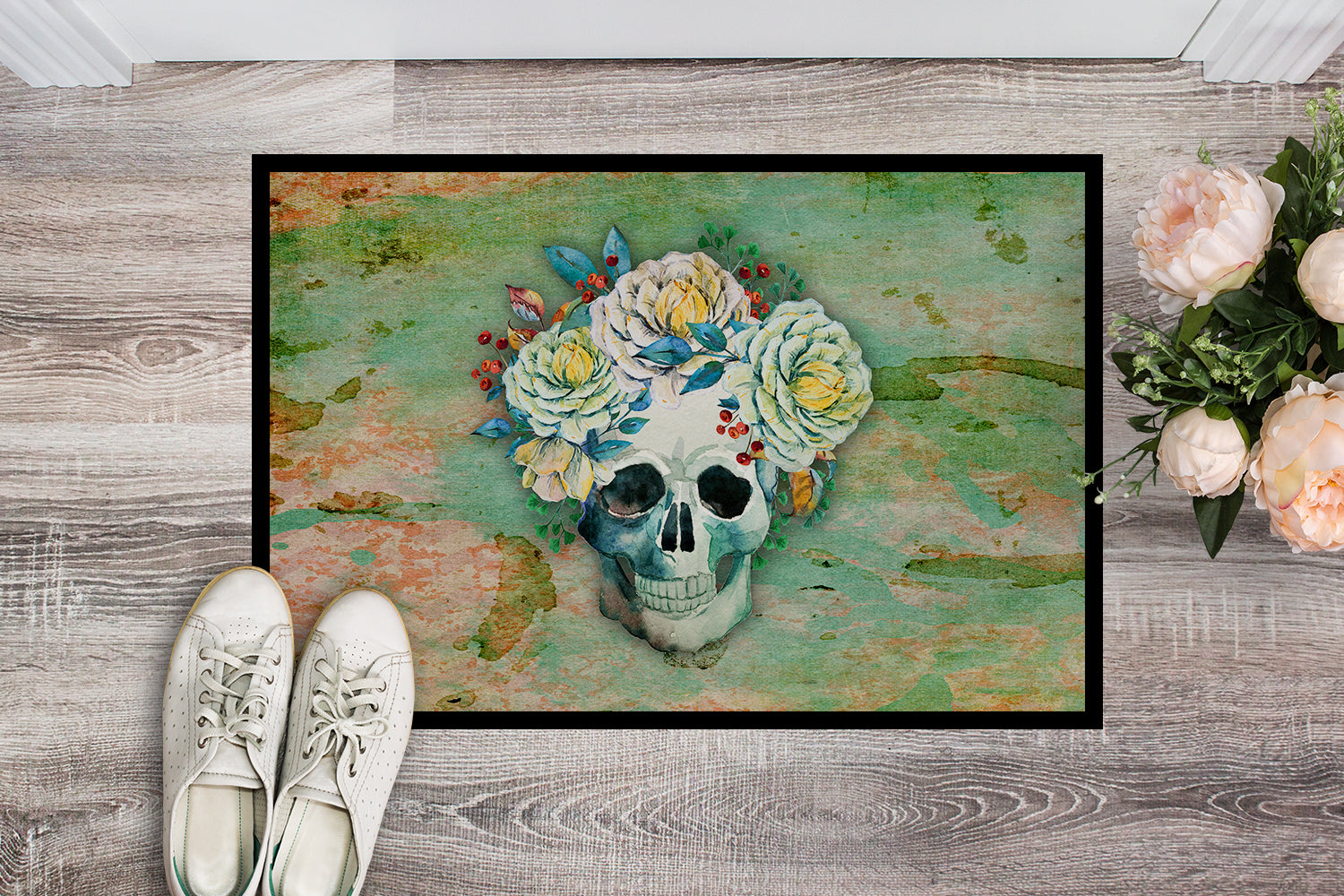 Caroline's Treasures Day of the Dead Skull with Flowers Doormat - 24x36 Decorative Floor Mat – Indoor/Outdoor Rug with Artistic Flair BB5124JMAT