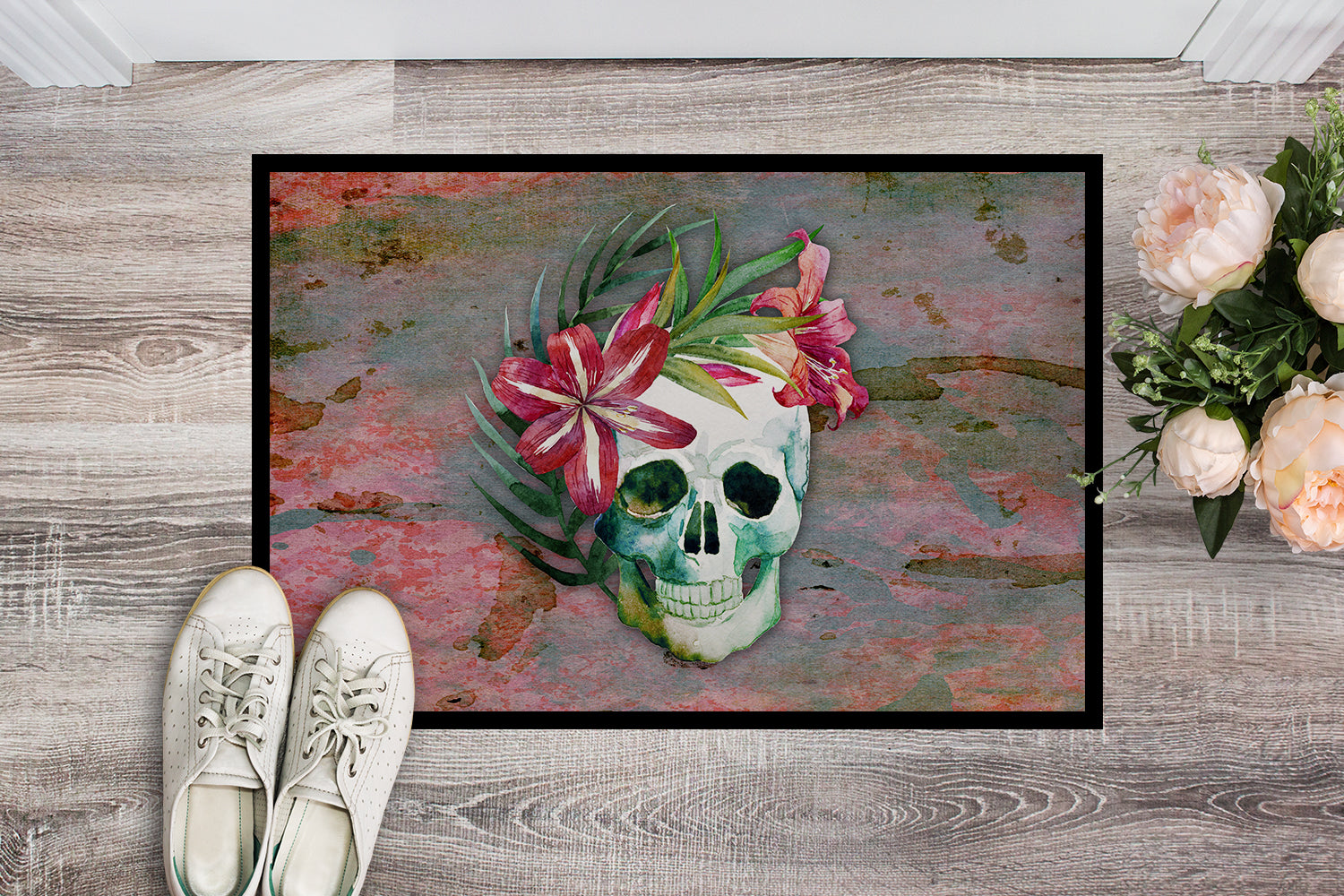 Caroline's Treasures Day of the Dead Skull Flowers Doormat - 24x36 Decorative Floor Mat – Indoor/Outdoor Rug with Artistic Flair BB5125JMAT
