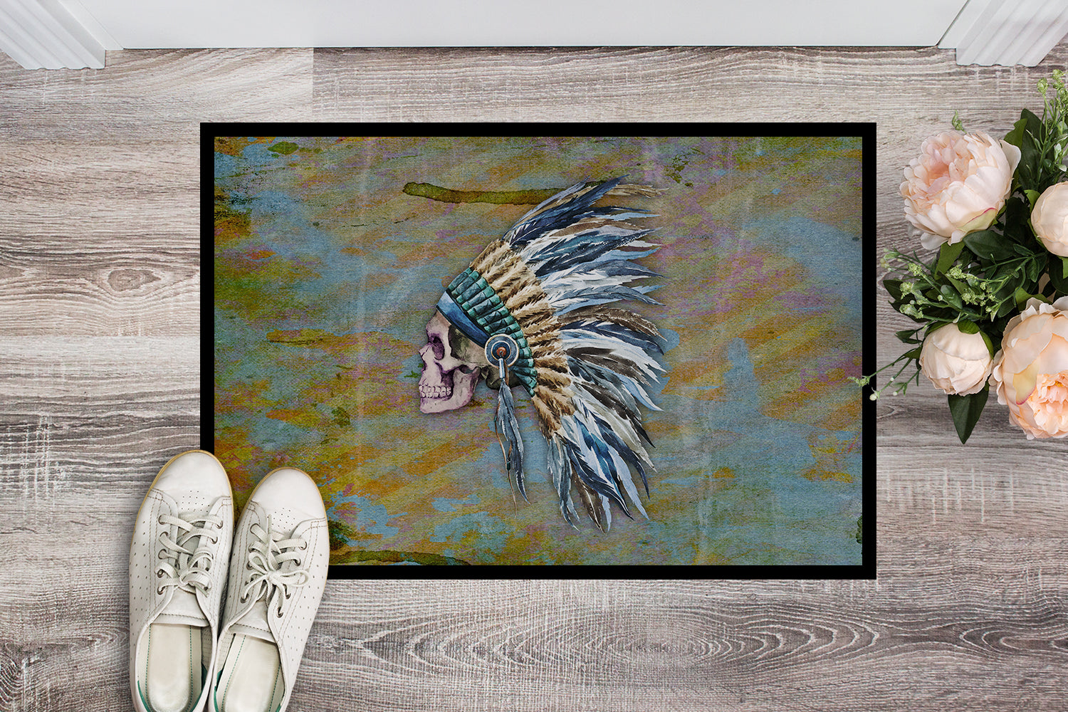 Caroline's Treasures Day of the Dead Indian Chief Skull Doormat - 24x36 Decorative Floor Mat – Indoor/Outdoor Rug with Artistic Flair BB5128JMAT