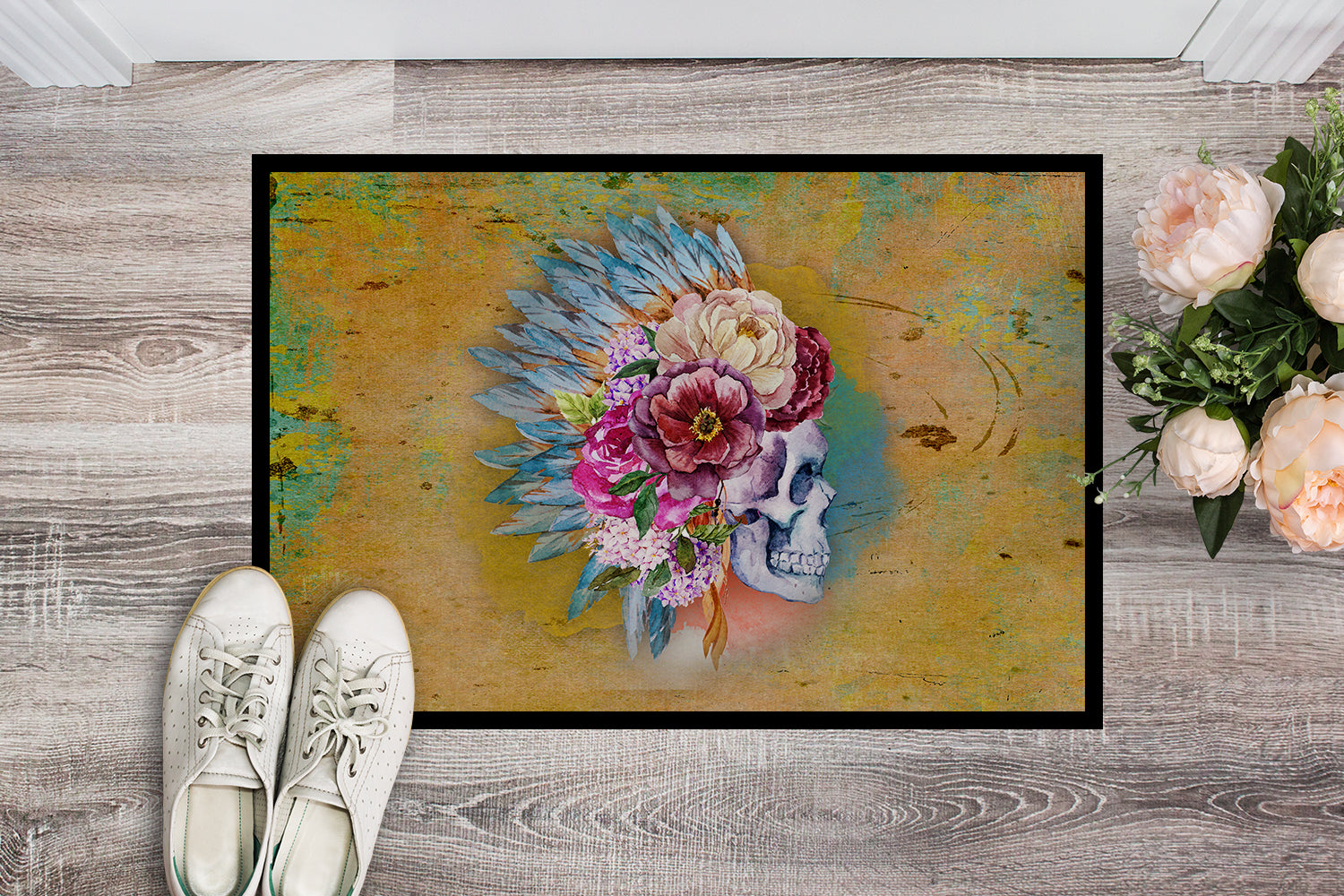 Caroline's Treasures Day of the Dead Flowers Skull Doormat - 24x36 Decorative Floor Mat – Indoor/Outdoor Rug with Artistic Flair BB5129JMAT