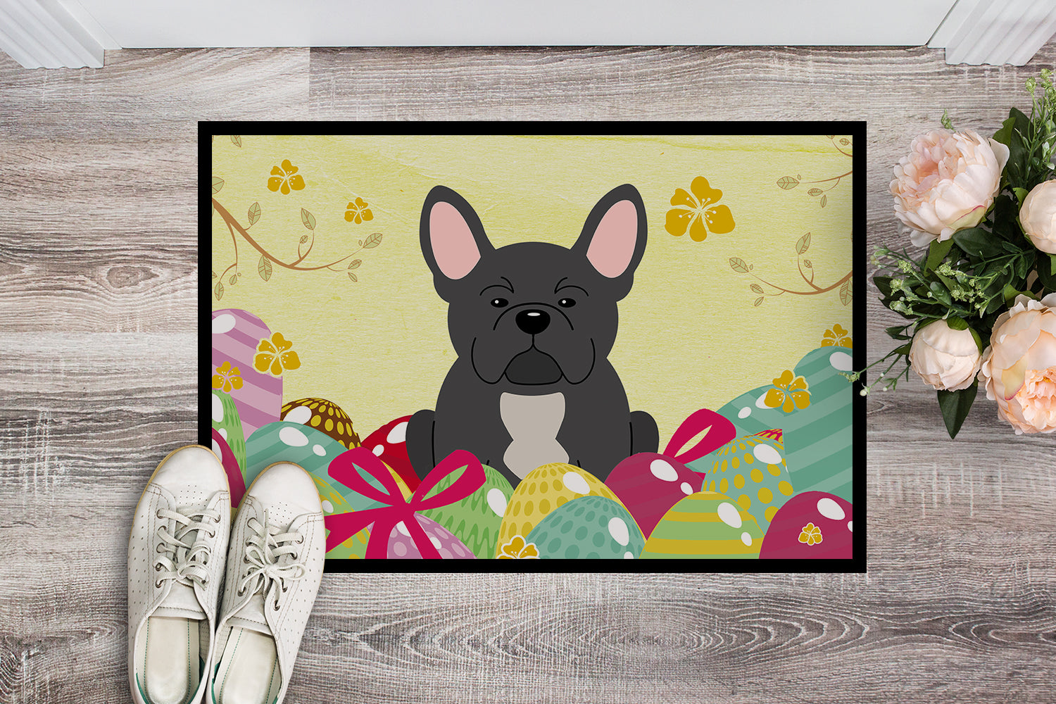 Caroline's Treasures Easter Eggs French Bulldog Black Doormat - 24x36 Decorative Floor Mat – Indoor/Outdoor Rug with Artistic Flair BB6014JMAT