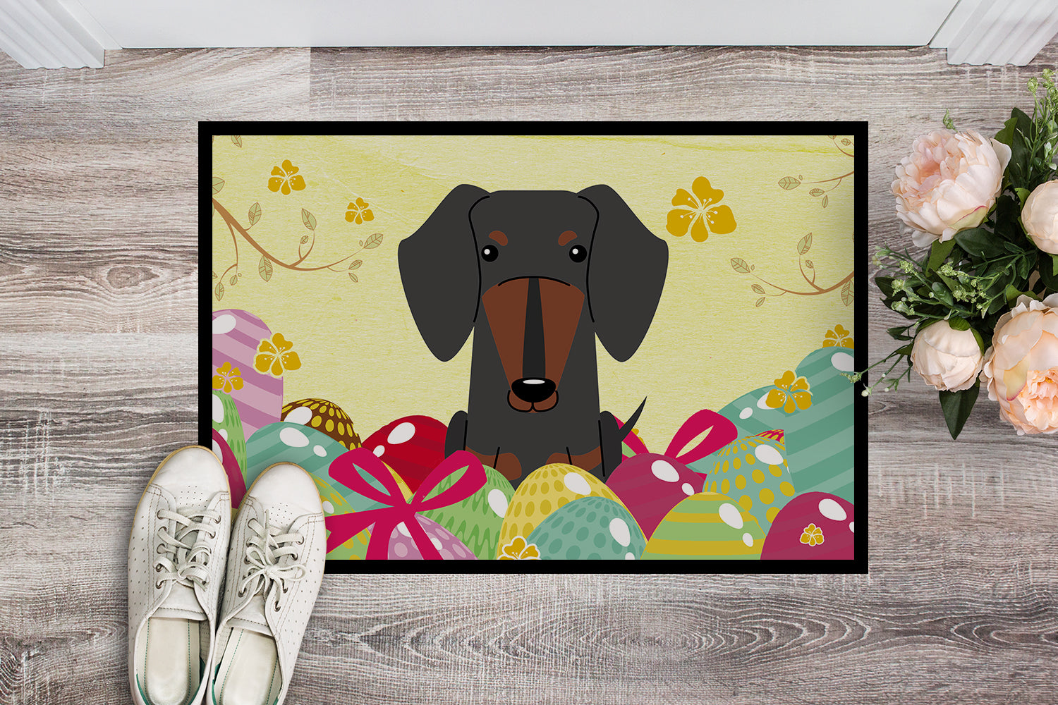 Caroline's Treasures Easter Eggs Dachshund Black Tan Doormat - 24x36 Decorative Floor Mat – Indoor/Outdoor Rug with Artistic Flair BB6132JMAT