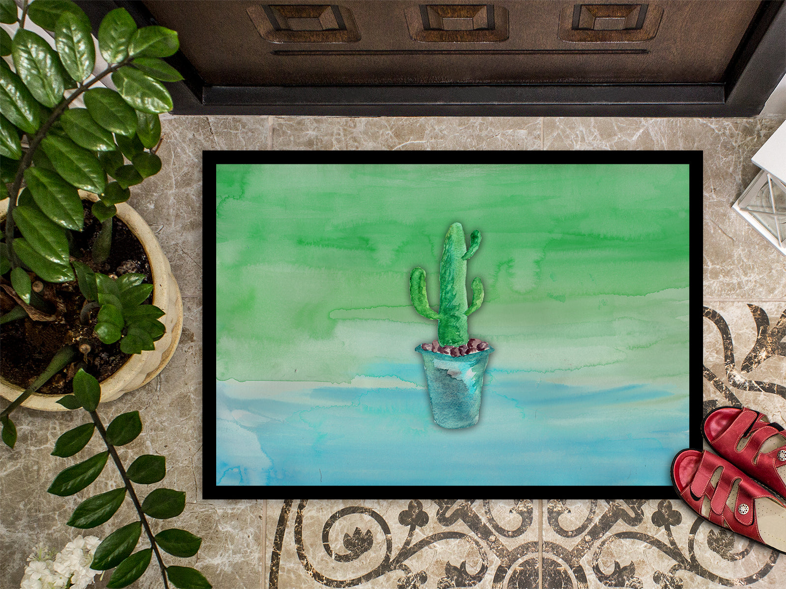 Caroline's Treasures Cactus Teal and Green Watercolor Doormat - 24x36 Decorative Floor Mat – Indoor/Outdoor Rug with Artistic Flair BB7362JMAT