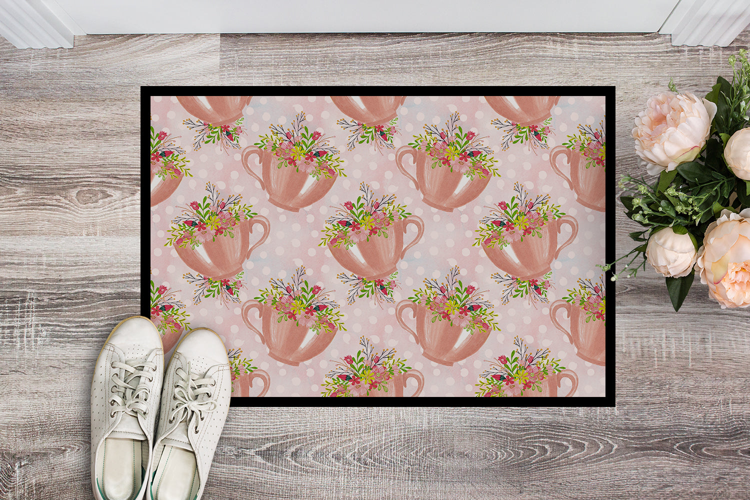 Caroline's Treasures Tea Cup and Flowers Pink Doormat - 24x36 Decorative Floor Mat – Indoor/Outdoor Rug with Artistic Flair BB7481JMAT