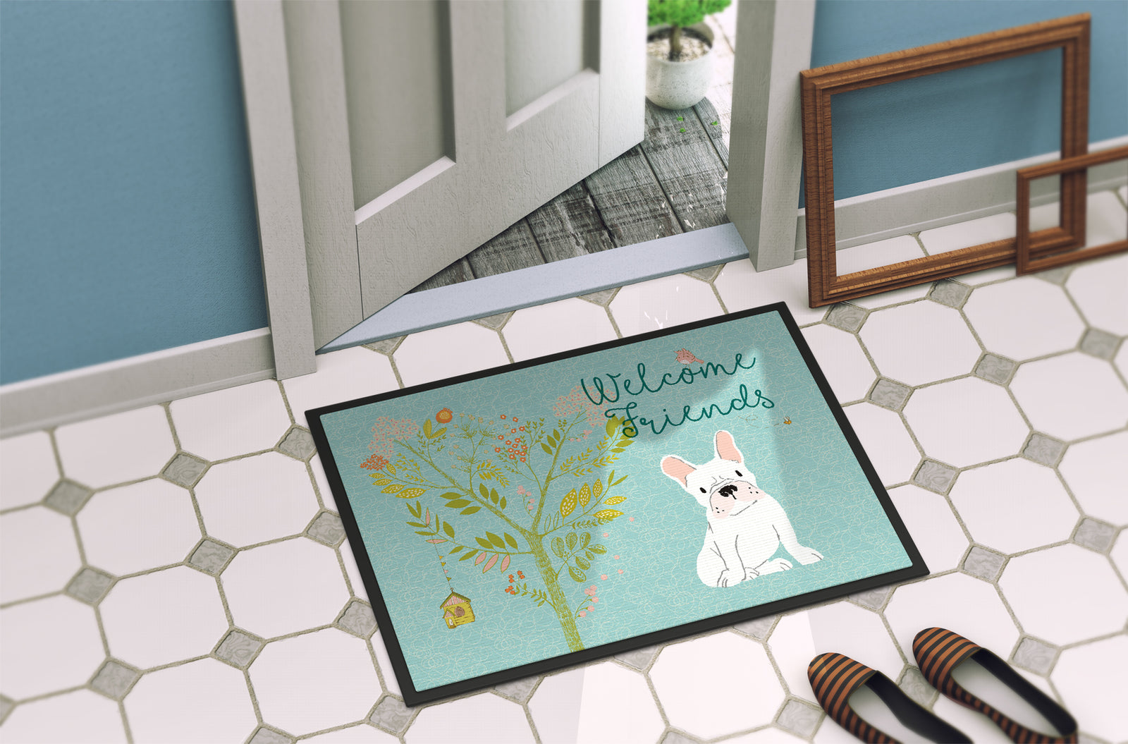 Caroline's Treasures Welcome Friends White French Bulldog Doormat - 24x36 Decorative Floor Mat – Indoor/Outdoor Rug with Artistic Flair BB7635JMAT