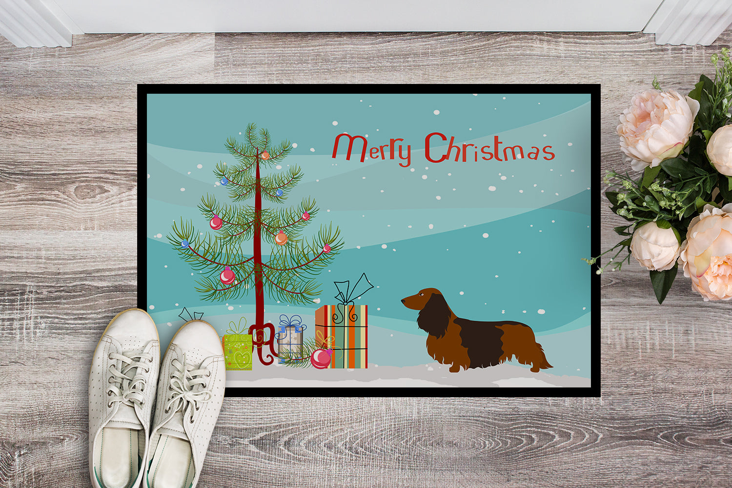 Caroline's Treasures Longhaired Dachshund Christmas Doormat - 24x36 Decorative Floor Mat – Indoor/Outdoor Rug with Artistic Flair BB8449JMAT