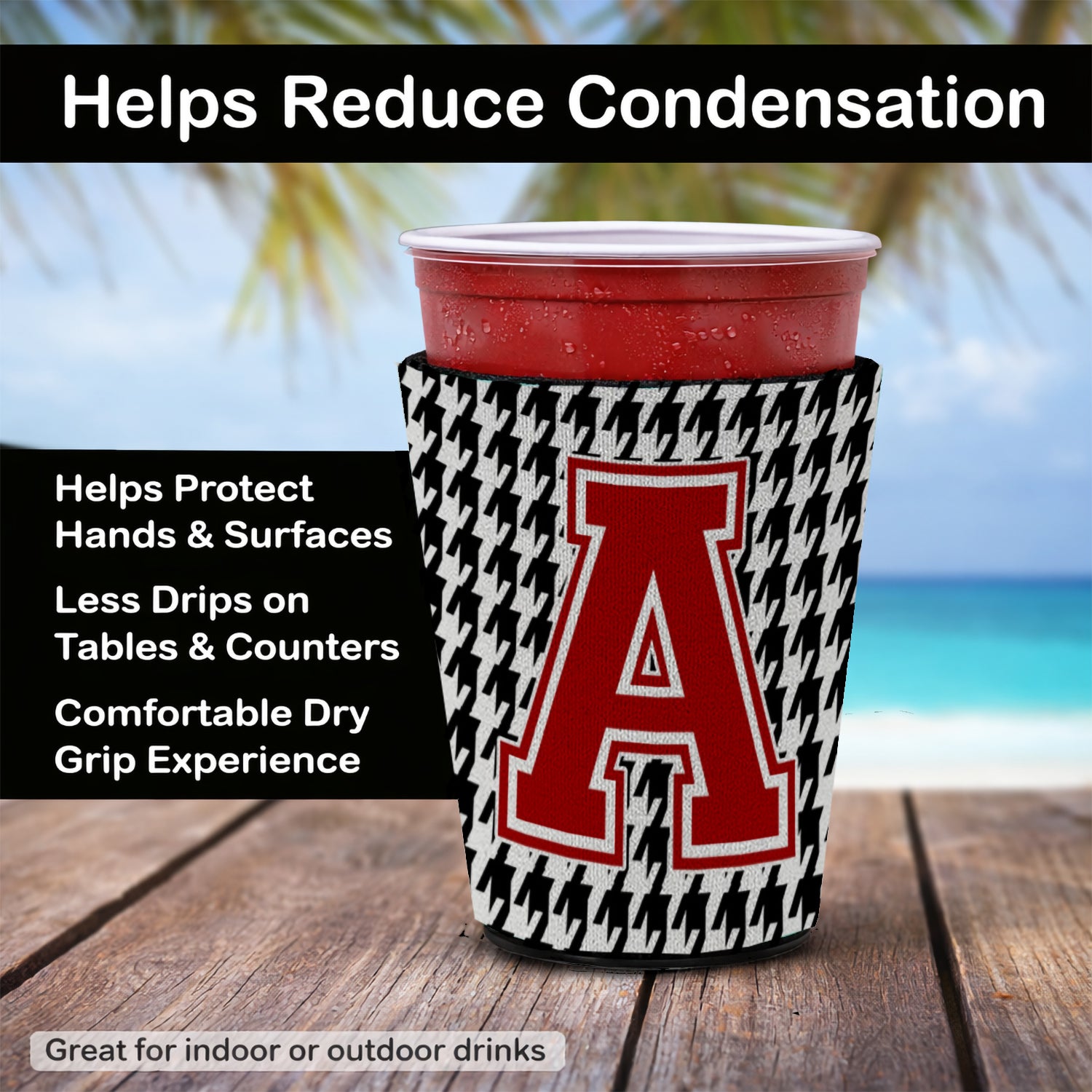 Caroline's Treasures Houndstooth Letter A Red Cup Hugger Sleeve for 16–22 oz Party Cups, Insulated Foam Drink Holder for Iced Coffee, Tailgate & BBQ Reusable